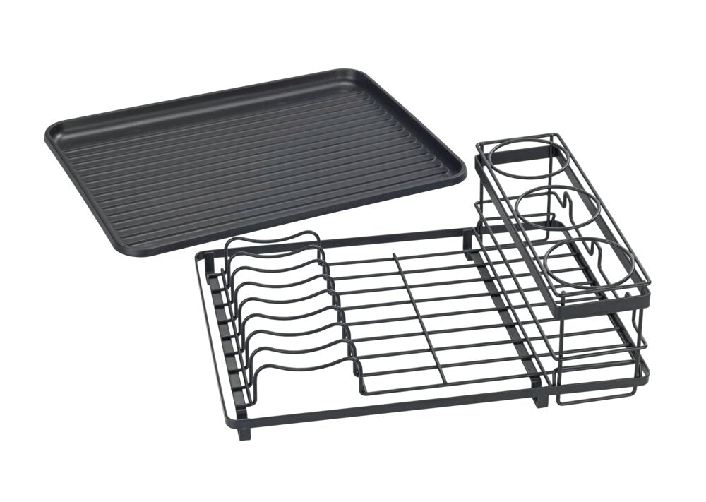 Oppvaskstativ med flaskeholder svart metall Wenko i bruk med flasker