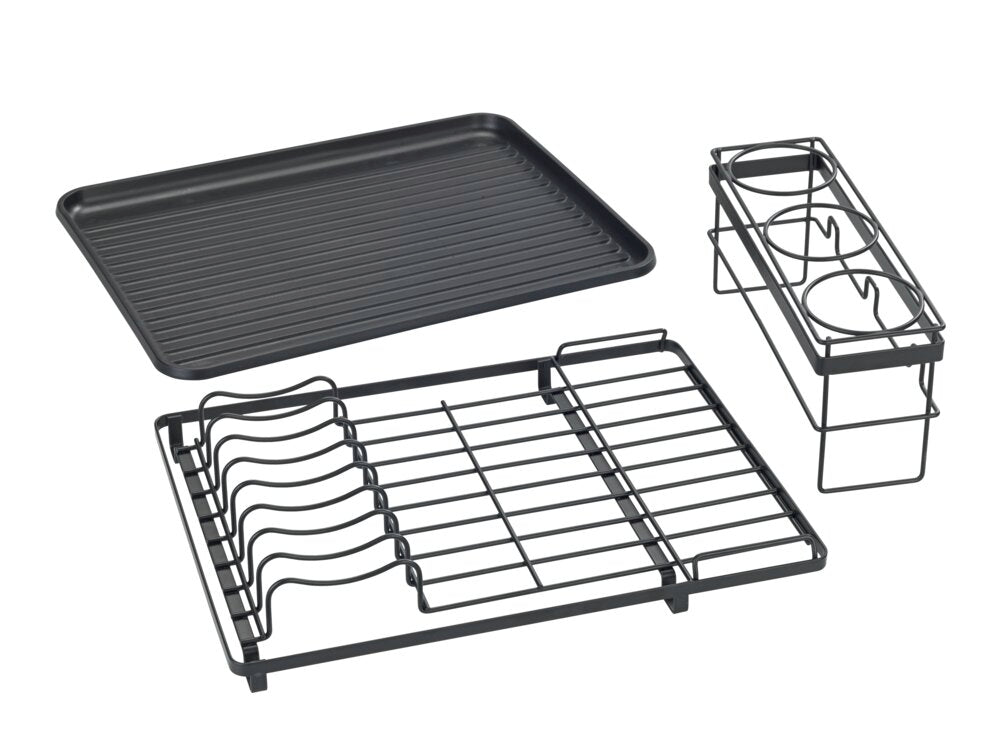 Oppvaskstativ med flaskeholder svart metall Wenko detalj av metallstruktur