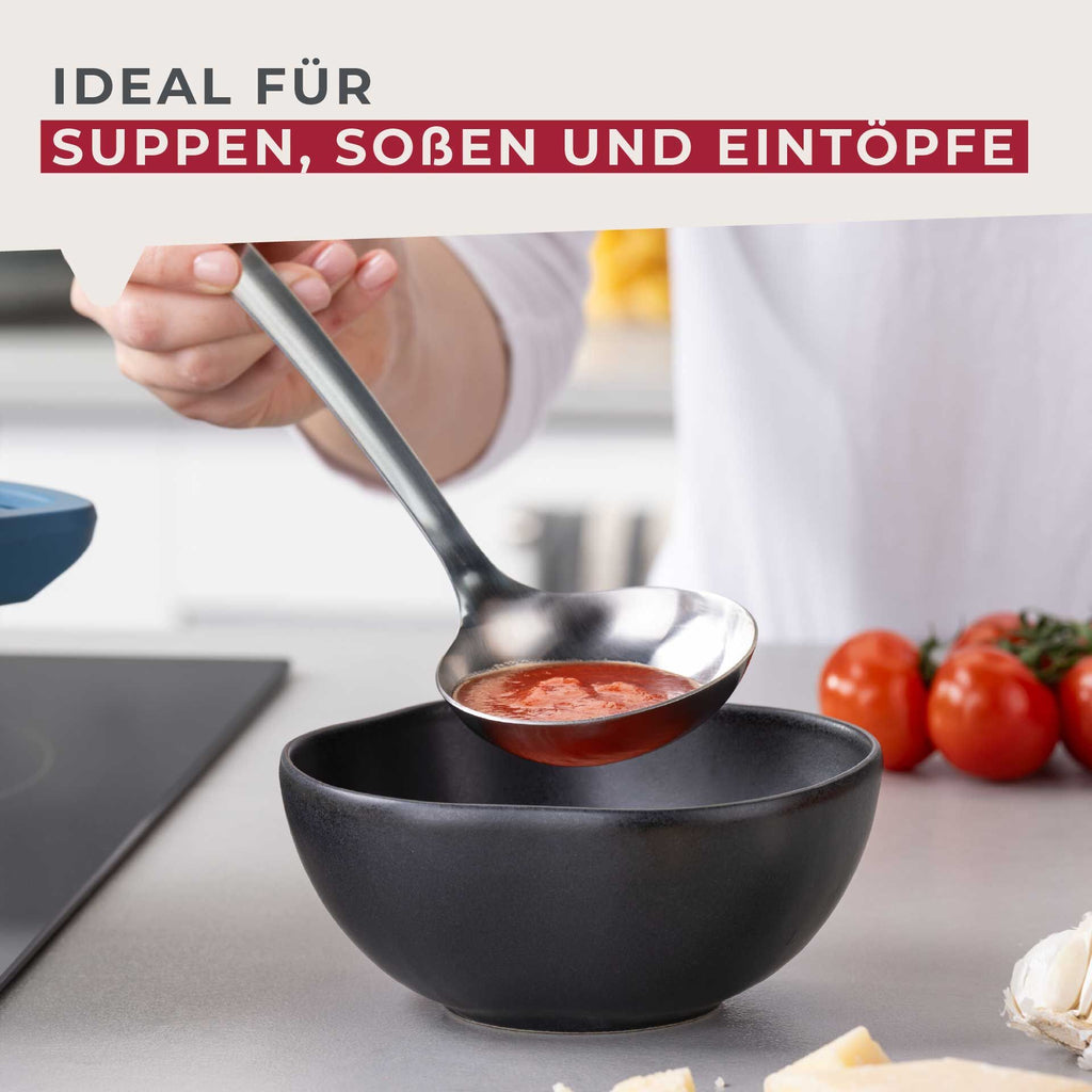 Sideprofil av Øse rustfritt stål 29 cm med opphengskrok