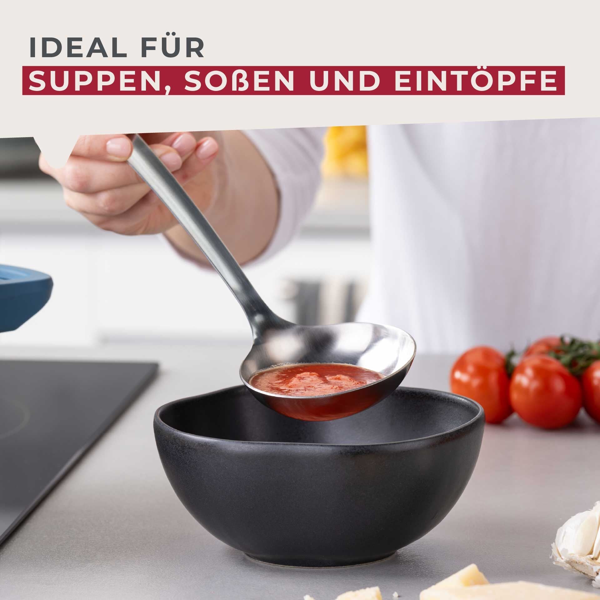 Sideprofil av Øse rustfritt stål 29 cm med opphengskrok