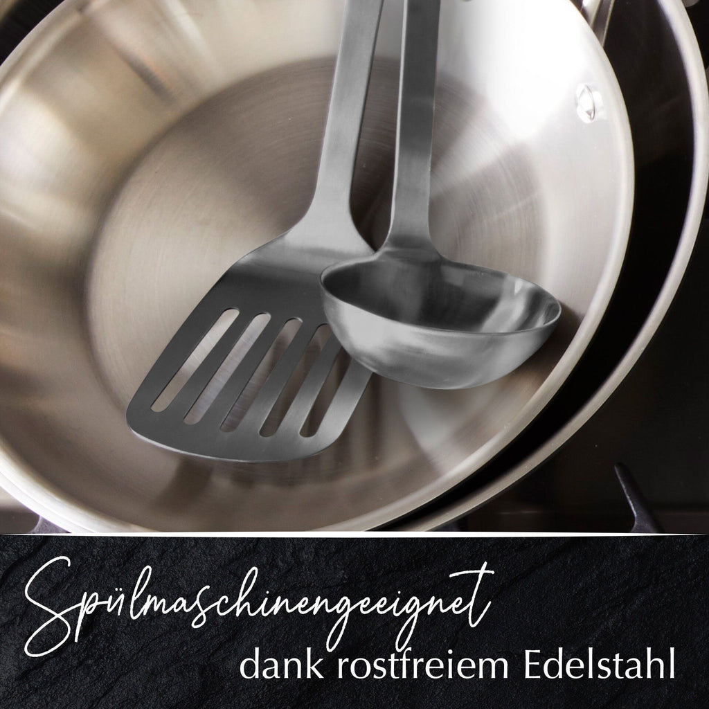 Øse svart rustfritt stål 32 cm - Stanley Rogers i bruk med suppe