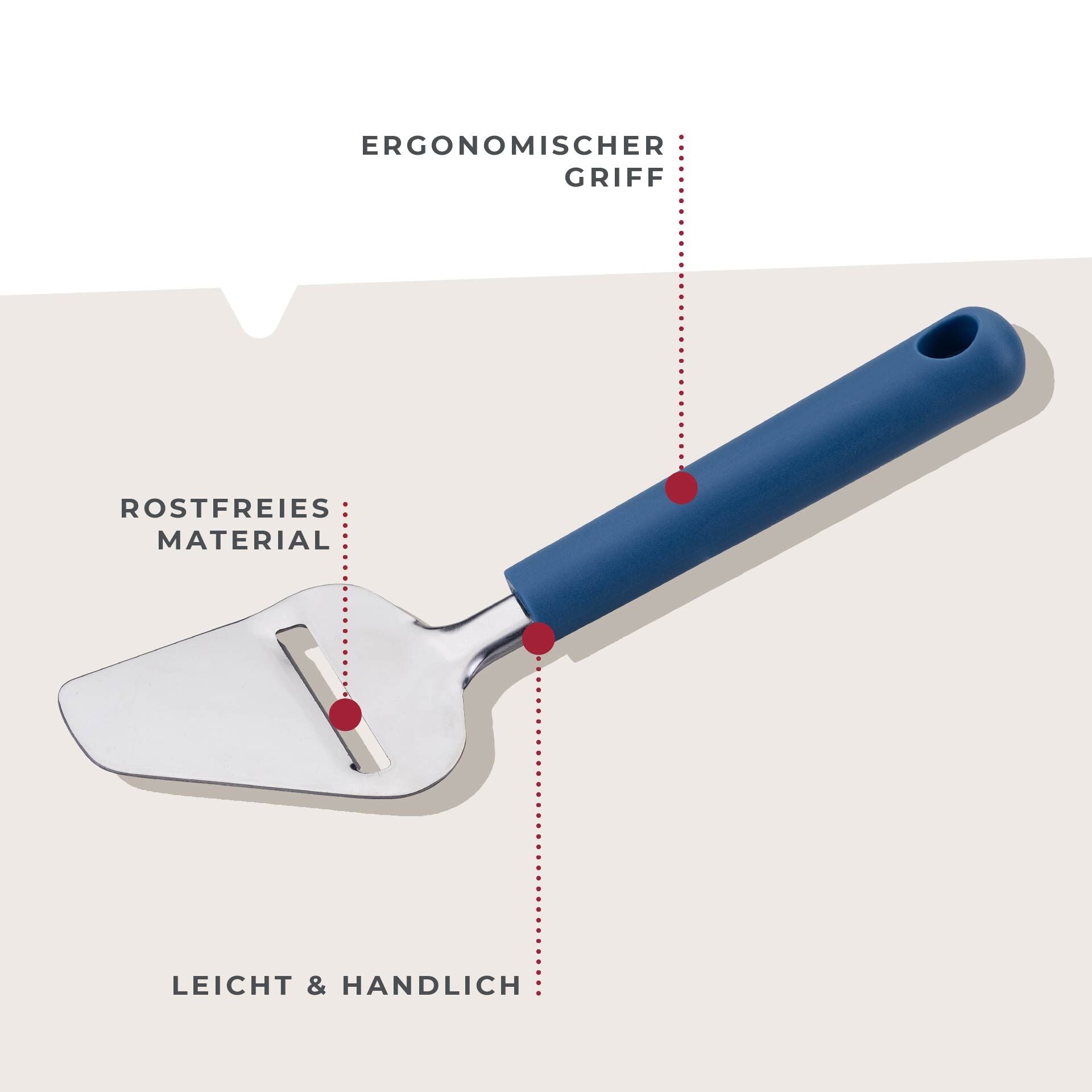 Ostehøvel blå 22 cm Essential - håndtak nærbilde