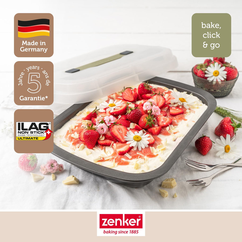 Ovnsform 34x25x6 cm med transportlokk non-stick - Zenker vist med mat