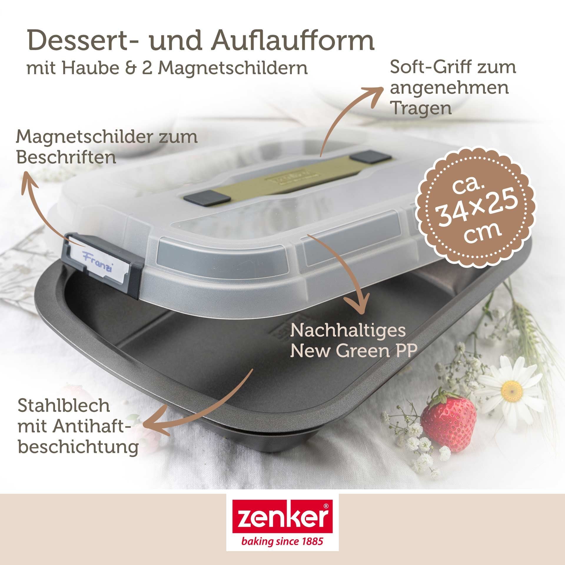 Ovnsform 34x25x6 cm med transportlokk non-stick - Zenker sideprofil