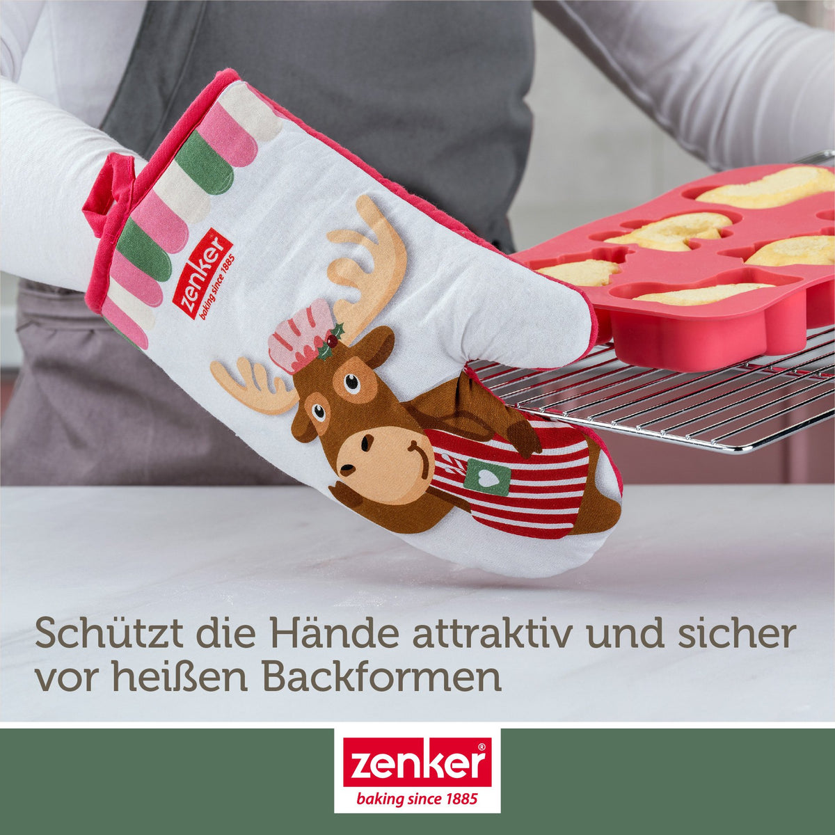 Ovnsvott The Christmas Candy Shop rød bomull elgmotiv - Zenker sett fra siden