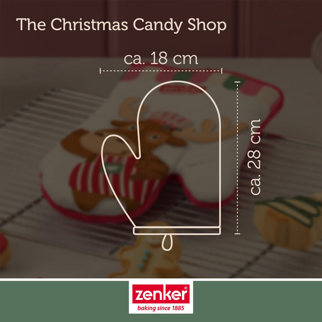 Detalj av bomullsstoffet på Ovnsvott The Christmas Candy Shop rød bomull elgmotiv - Zenker