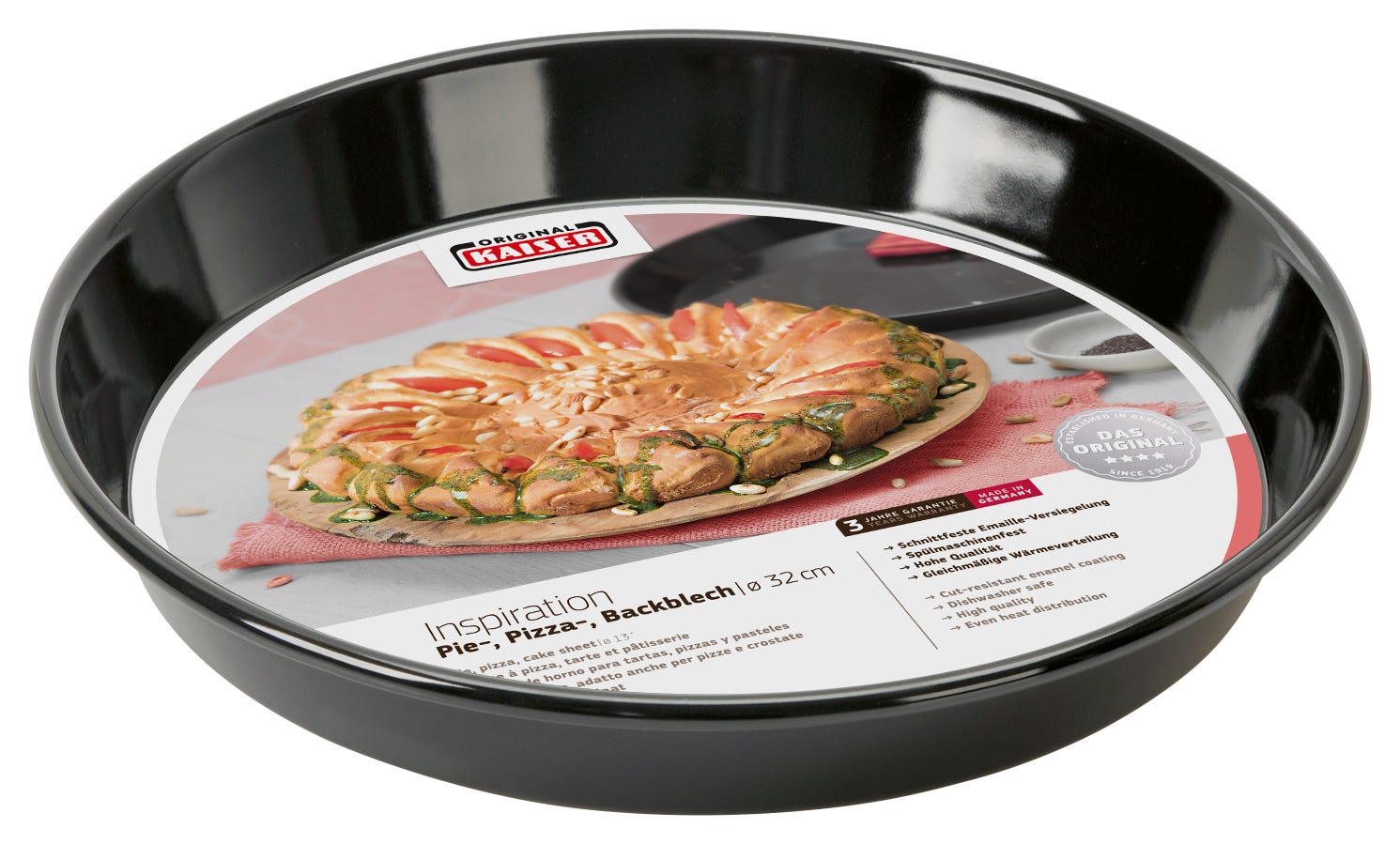 Detalj av emaljebelegg på pai- og pizzaplate 32 cm emaljert stål Inspiration - Kaiser