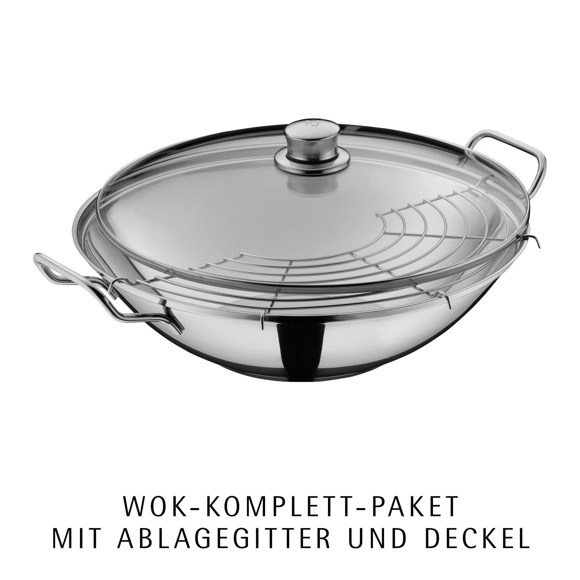 Nærbilde av glasslokk på Party Taiwan wok-sett 36 cm rustfritt stål