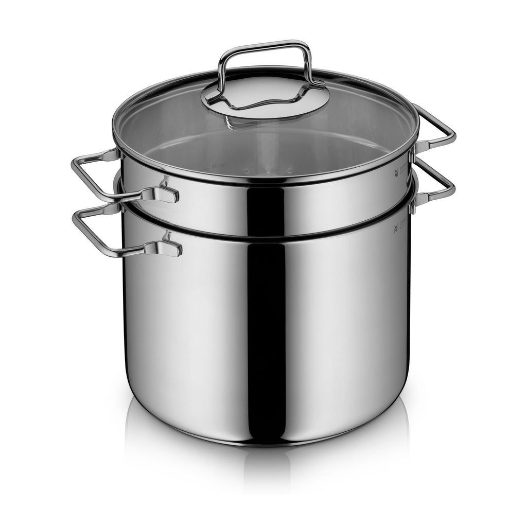 Pastagryte med sil rustfritt stål 24 cm 7 L glasslokk - WMF forfra