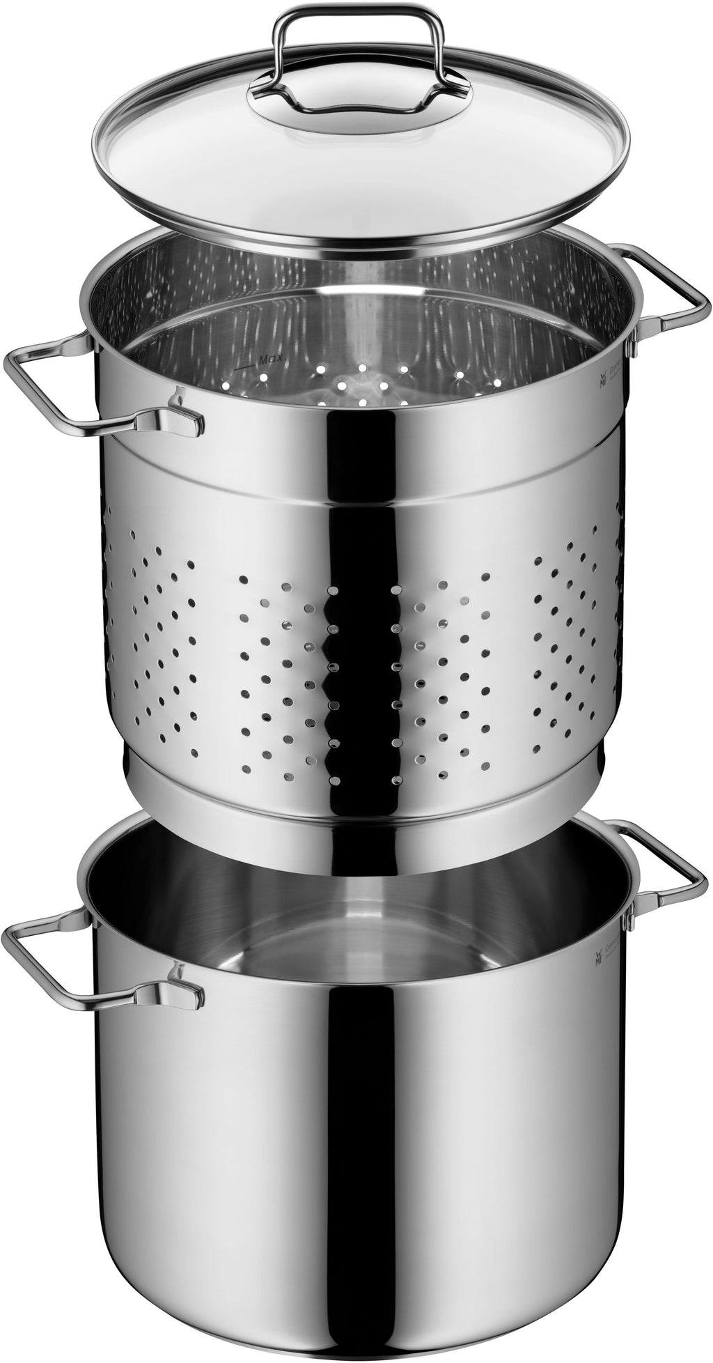 Pastagryte med sil rustfritt stål 24 cm 7 L glasslokk - WMF bakside