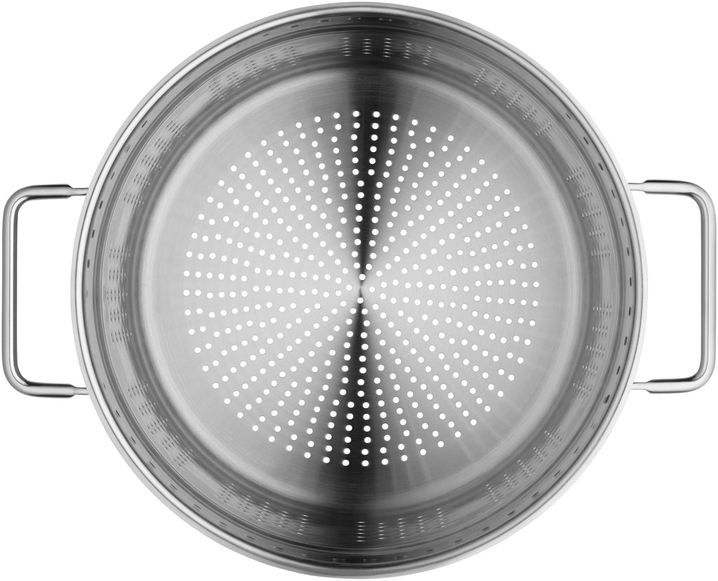 Sideprofil av Pastagryte med sil rustfritt stål 24 cm 7 L glasslokk - WMF