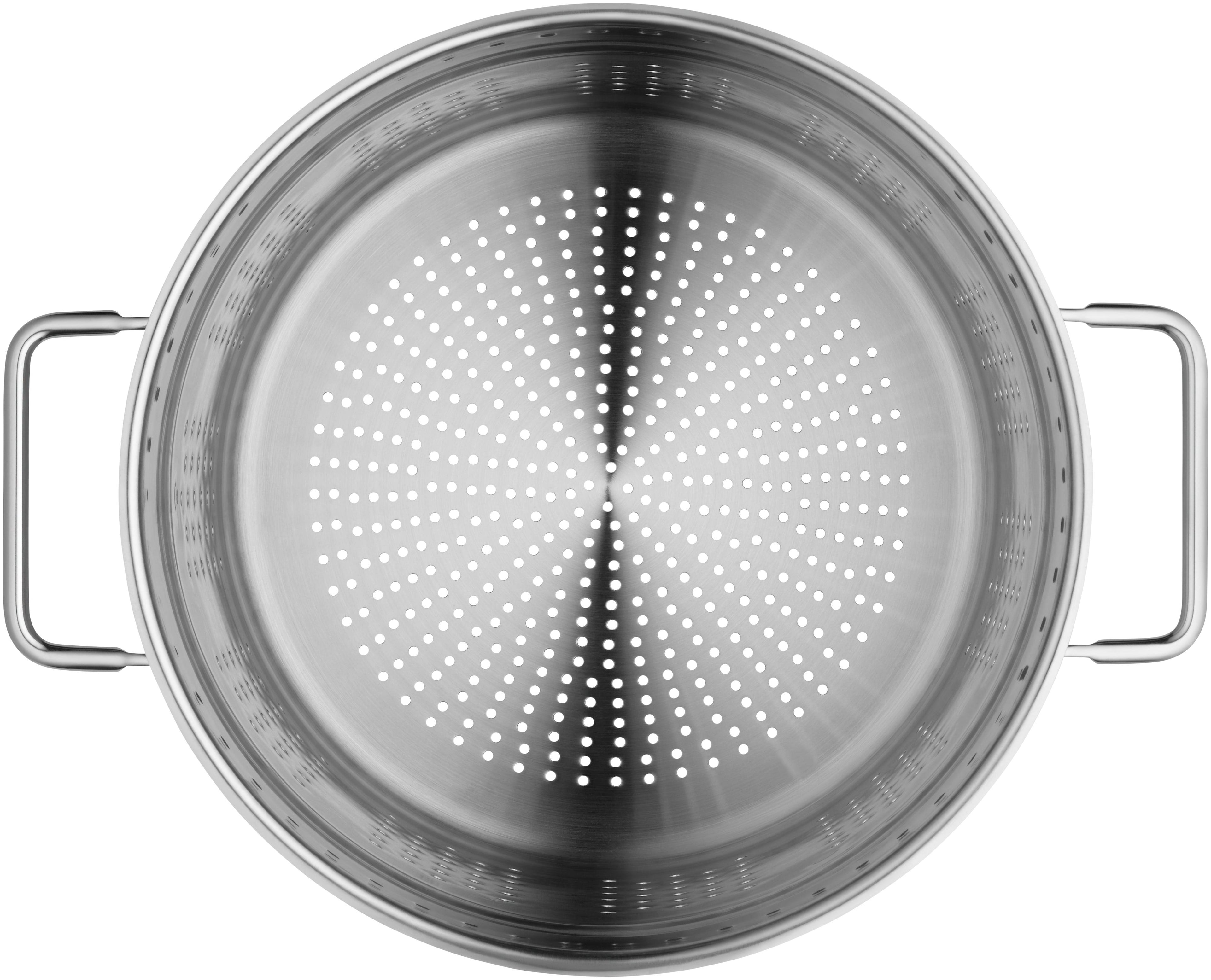 Sideprofil av Pastagryte med sil rustfritt stål 24 cm 7 L glasslokk - WMF