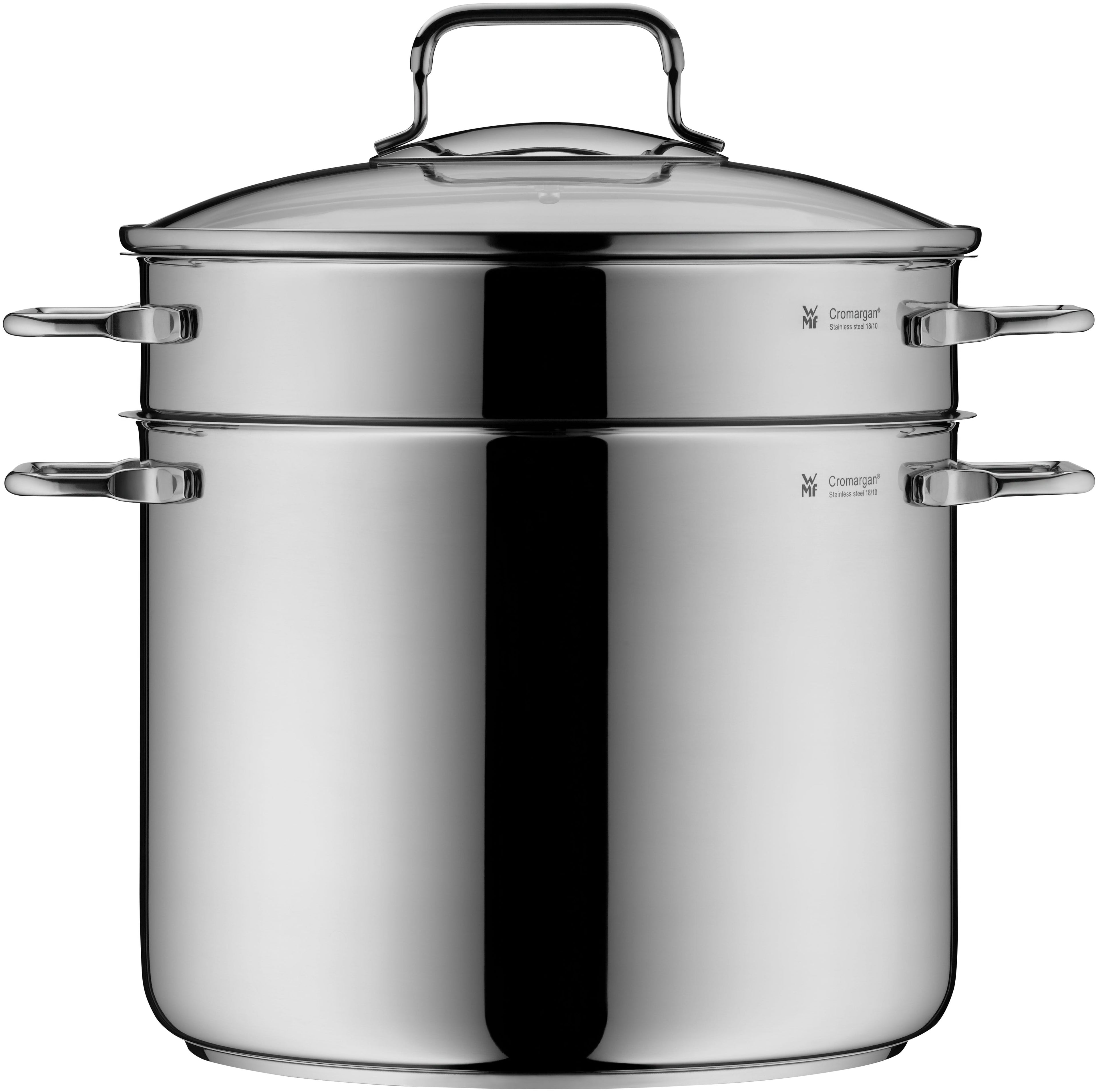 Pastagryte med sil rustfritt stål 24 cm 7 L glasslokk - WMF med lokk på bord