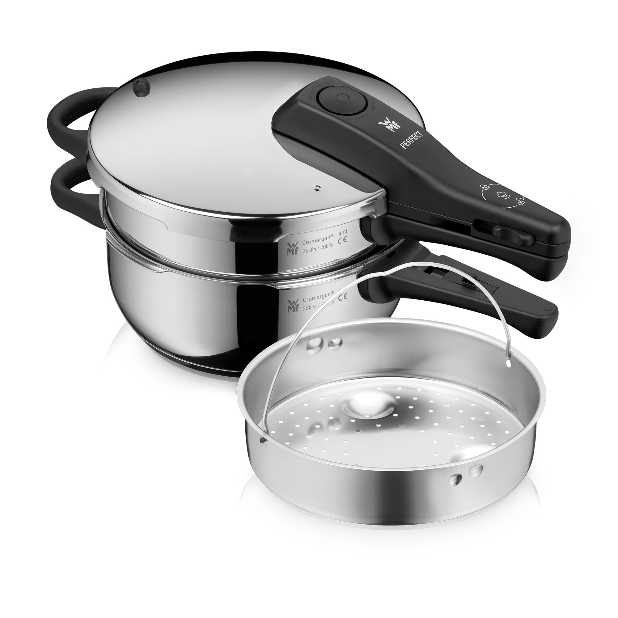 Perfect One Pot trykkokersett 22 cm 3 og 4,5 L med dampinnsats forfra
