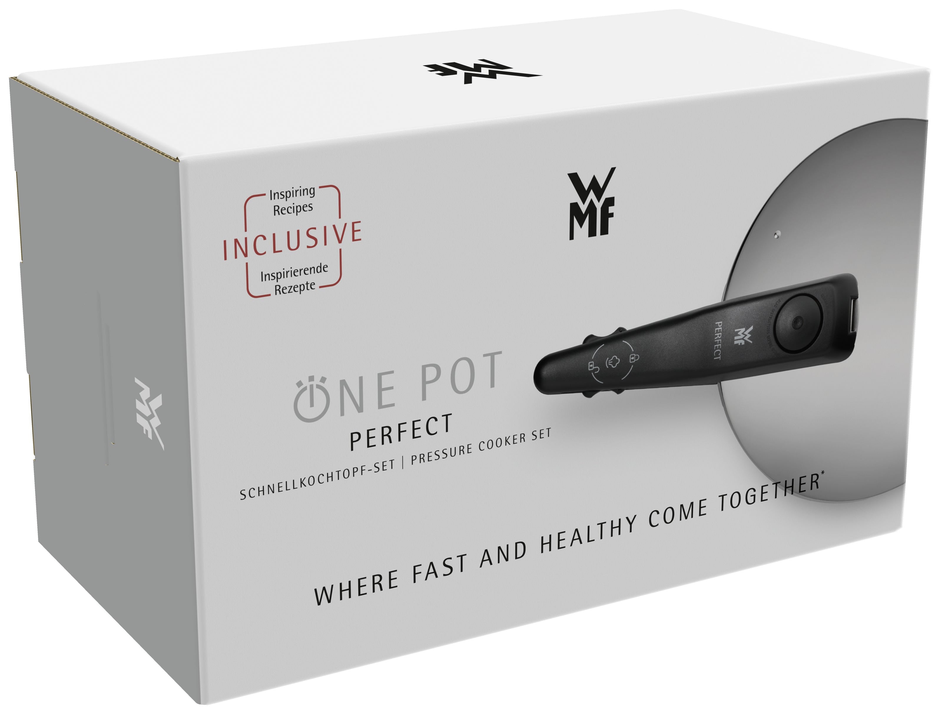 Logo og merke på Perfect One Pot trykkokersett 22 cm 3 og 4,5 L med dampinnsats