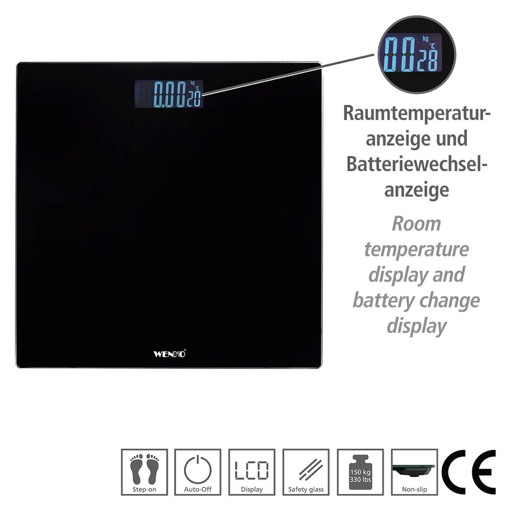 Nærbilde av LCD-display på Personvekt digital svart med LCD-display glass 150 kg