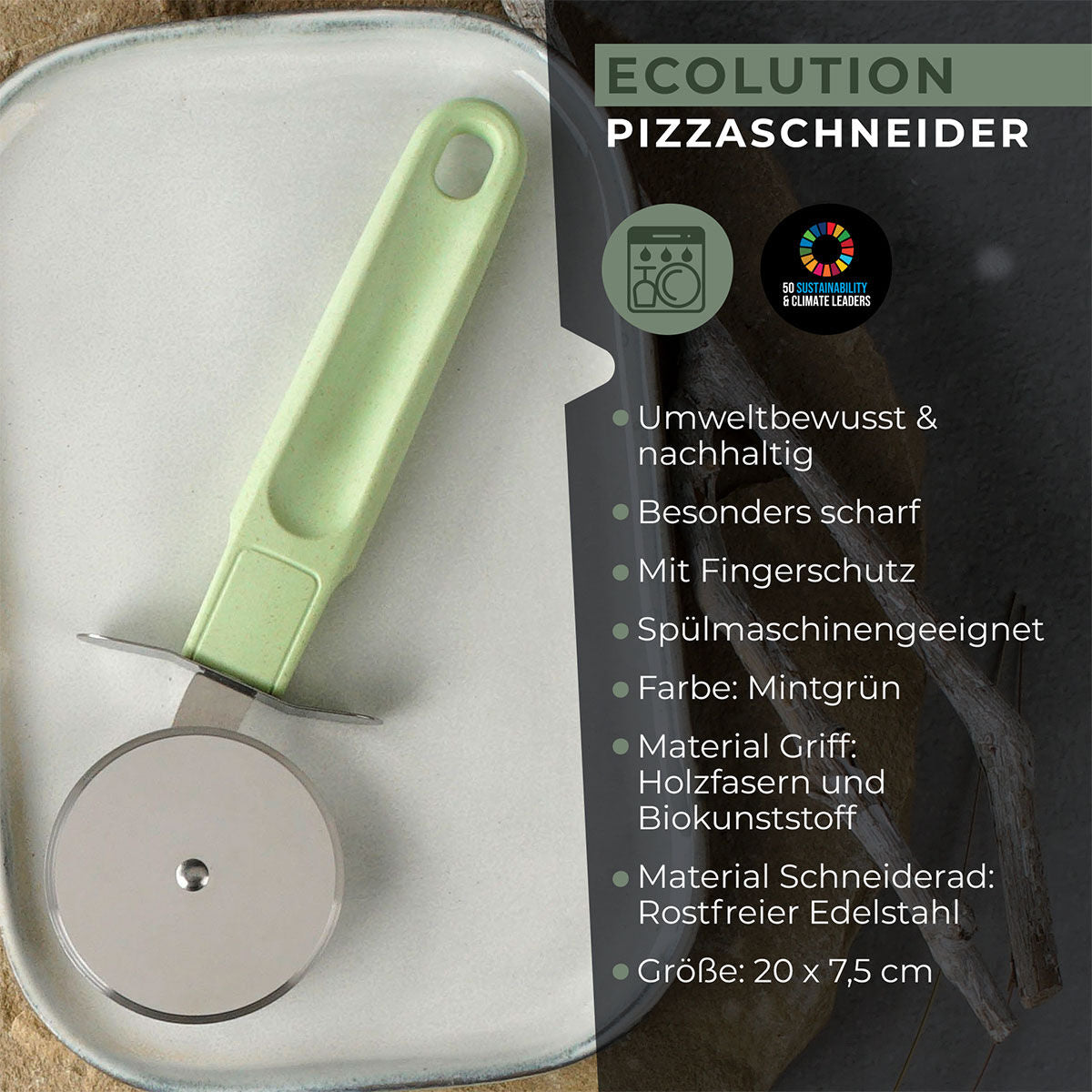 Sideprofil av Pizzahjul Ecolution rustfritt stål med trefiber-grep