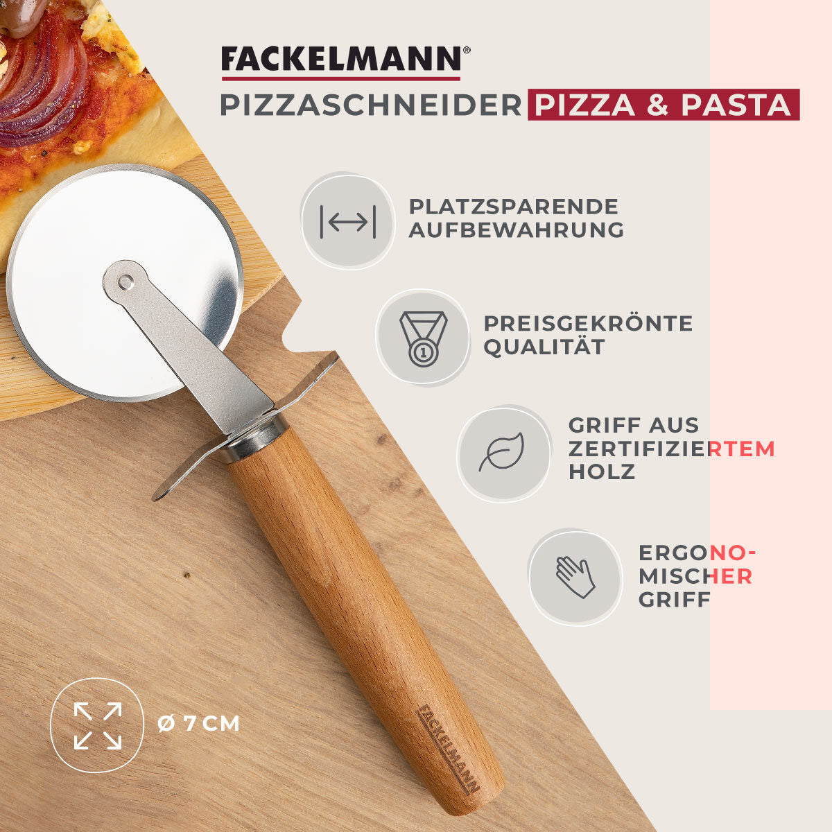 Pizzahjul rustfritt stål med bøkeskaft FSC skjærer pizza