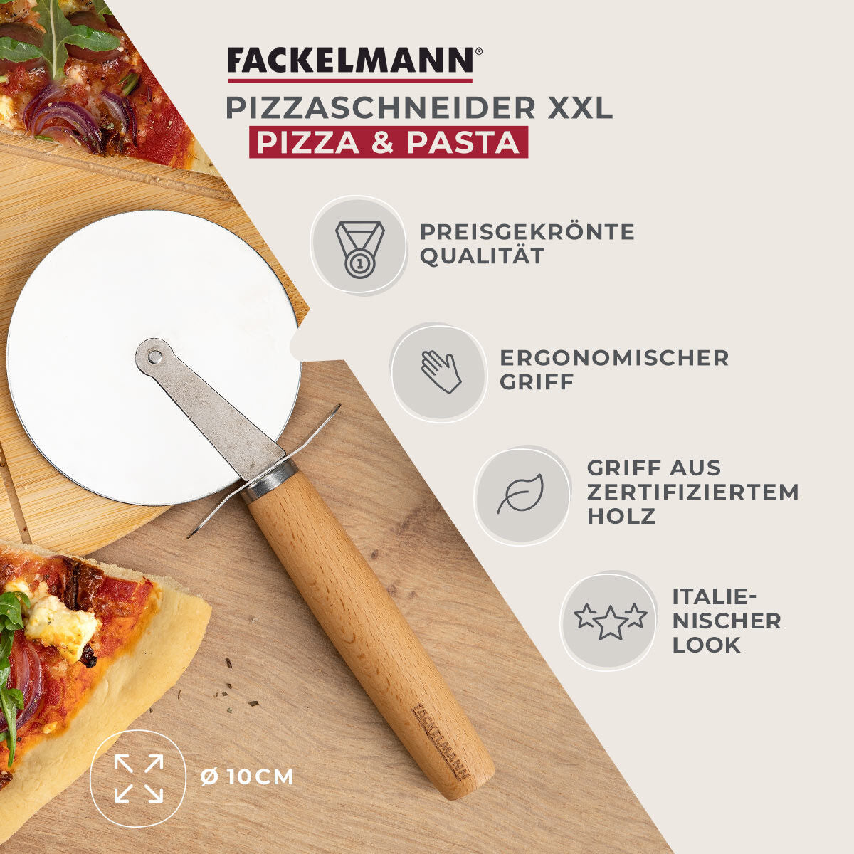 Pizzahjul XXL bøkehåndtak rustfritt stål Ø10 cm sideprofil