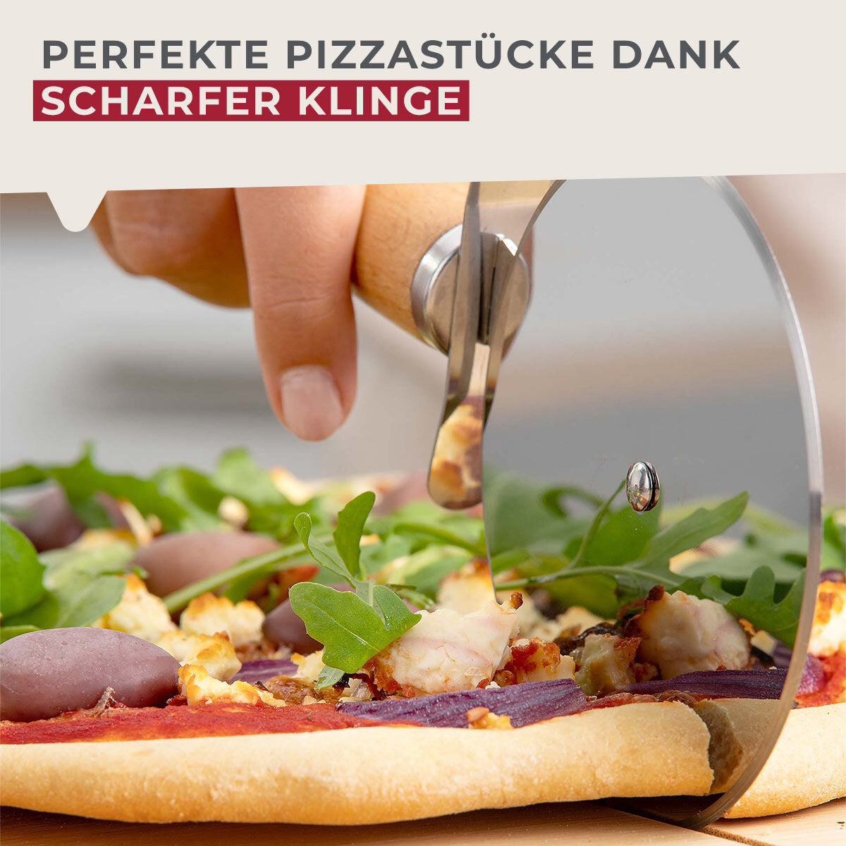 Pizzahjul XXL bøkehåndtak rustfritt stål Ø10 cm håndtak detalj