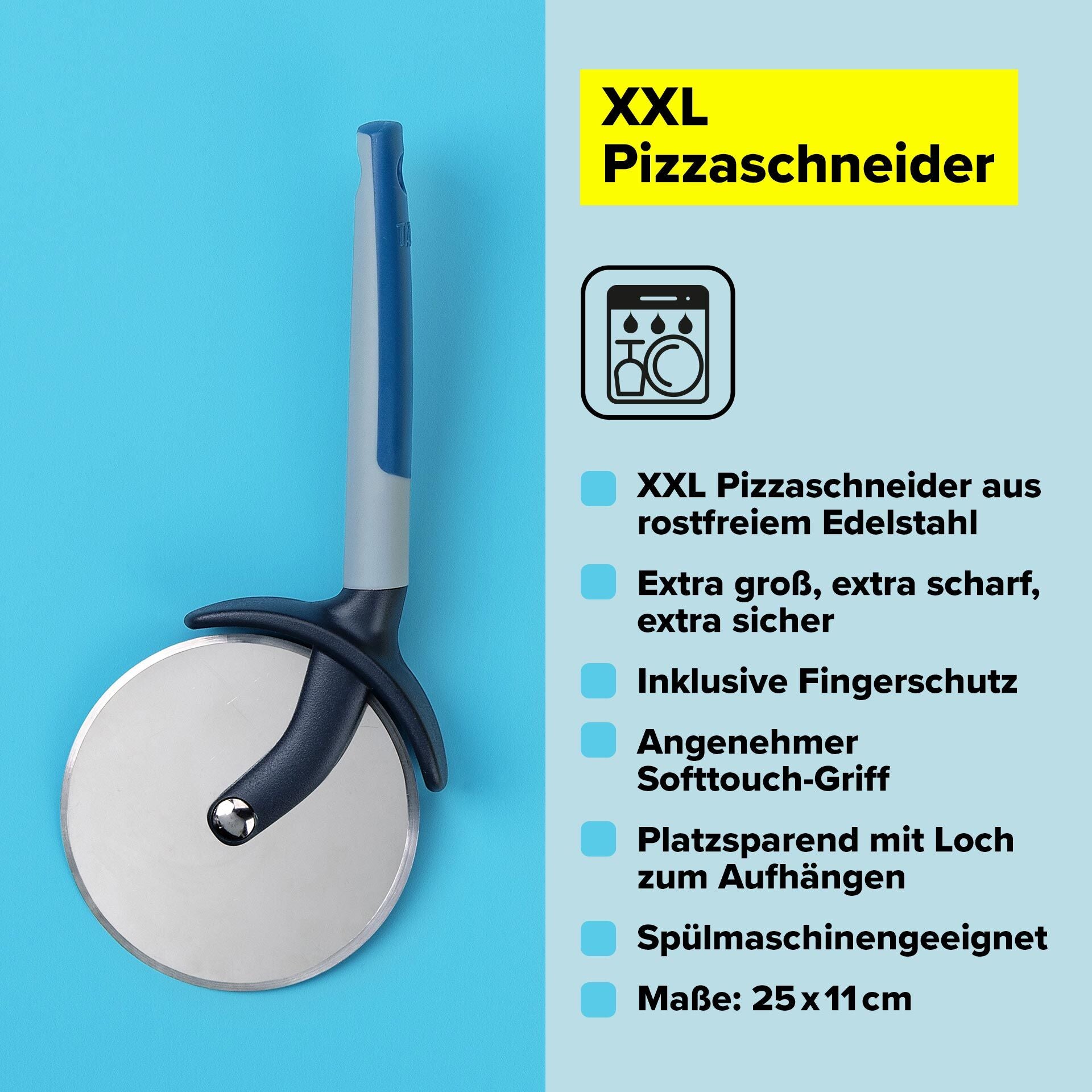 Pizzahjul XXL rustfritt stål 25 cm med fingerbeskyttelse - Tasty kutter pizza