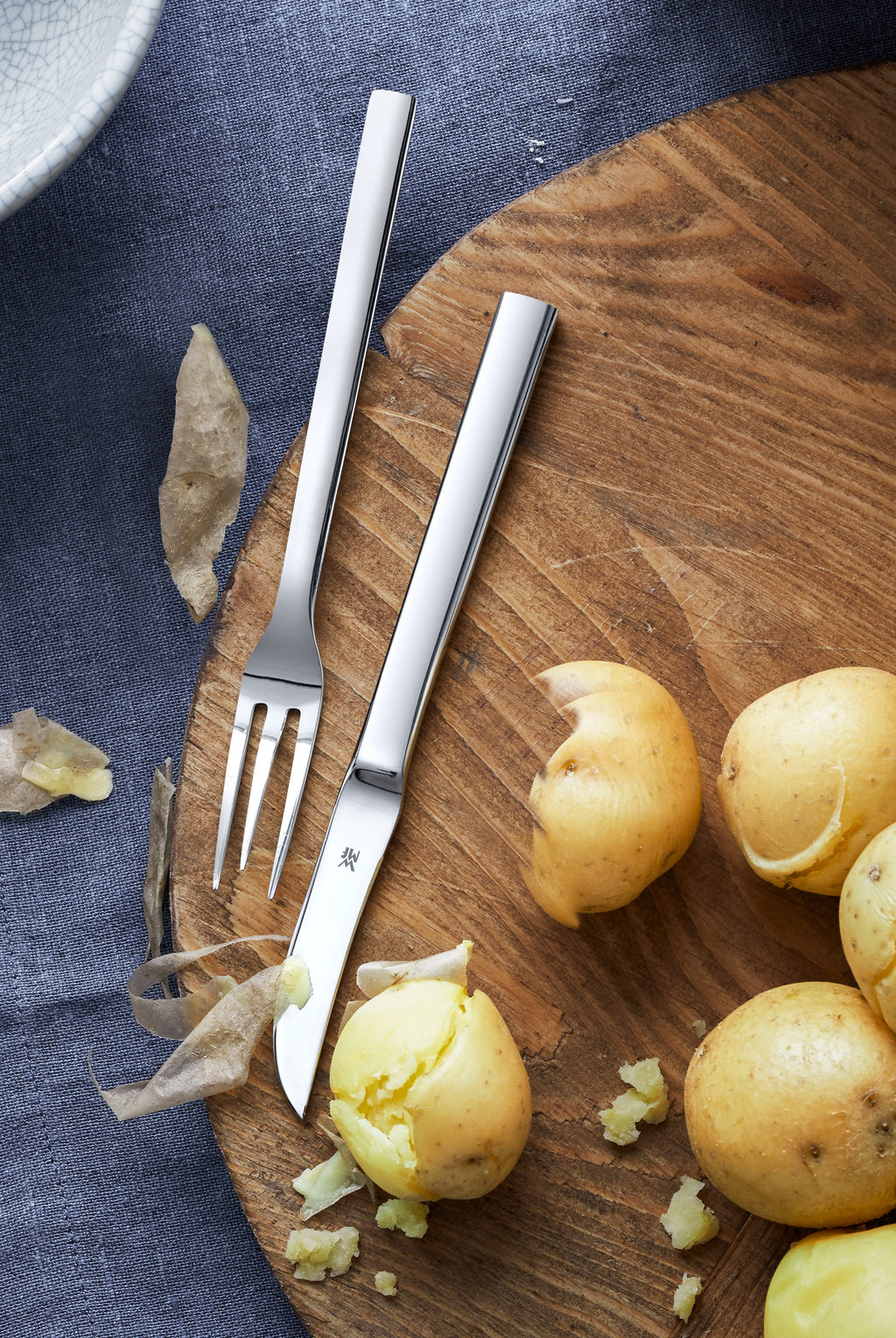 Detalj av potetskreller-sett 2-delt med gaffel og kniv 16 cm