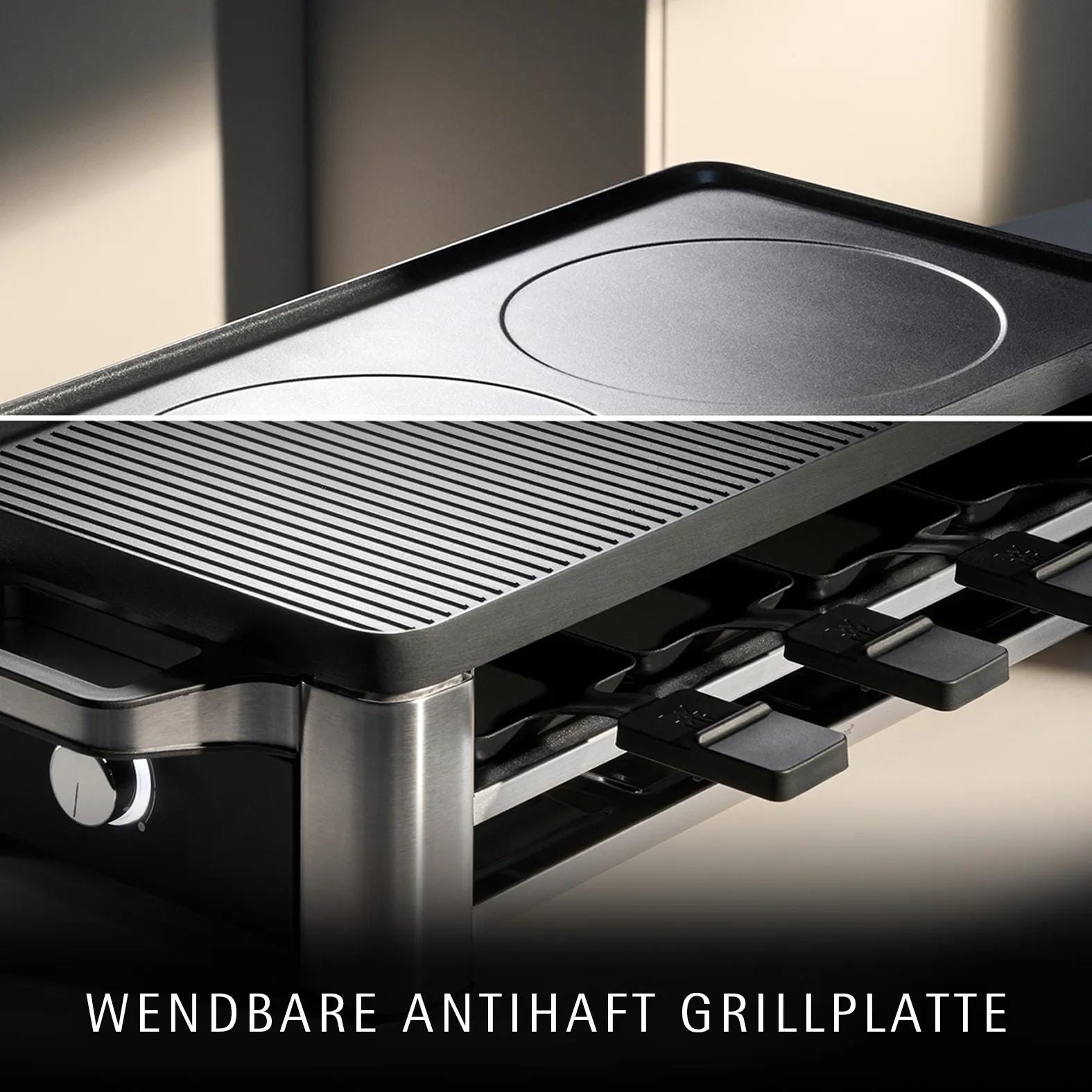 Nærbilde av raclette-panner i Raclettegrill for 8 personer WMF Lono