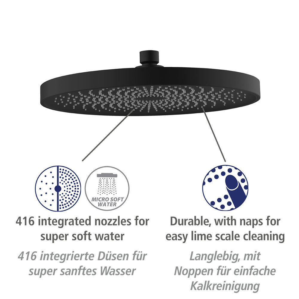 Regndusjhode Softwater svart matt Ø 26 cm ABS detalj