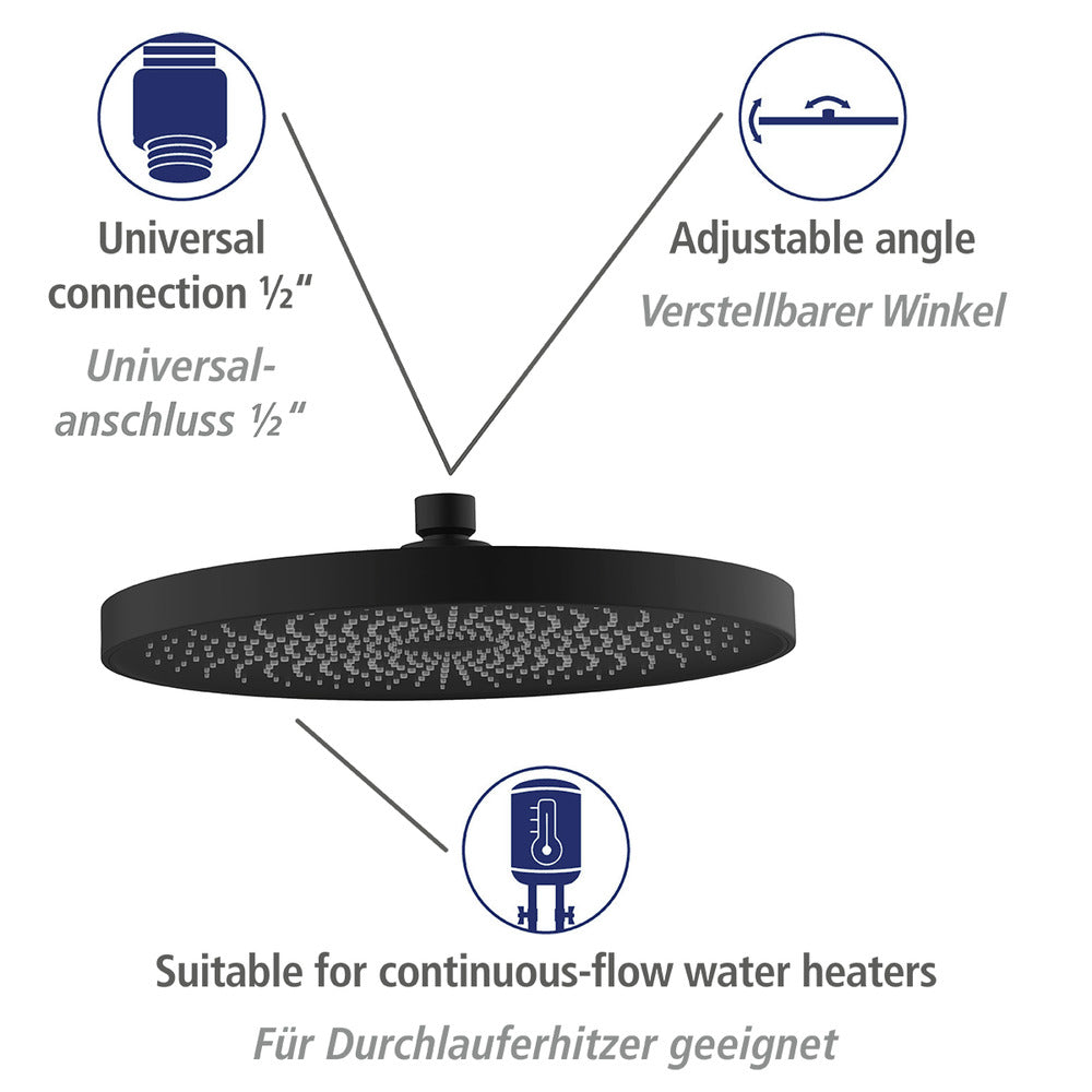 Regndusjhode Softwater svart matt Ø 26 cm ABS montert på dusj