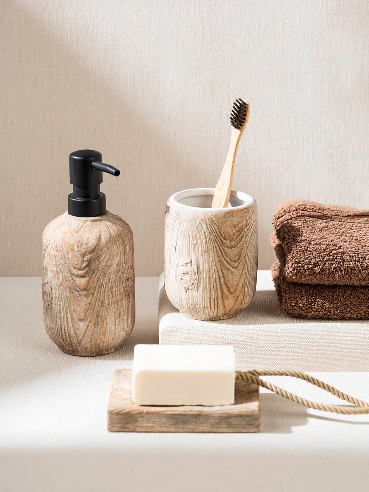 Såpedispenser Florio keramikk i treoptikk beige - Wenko montert på vask