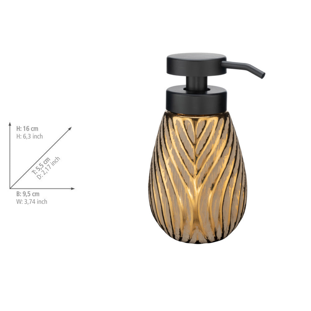 Nærbilde av Såpedispenser Idro keramikk gull med linjestruktur