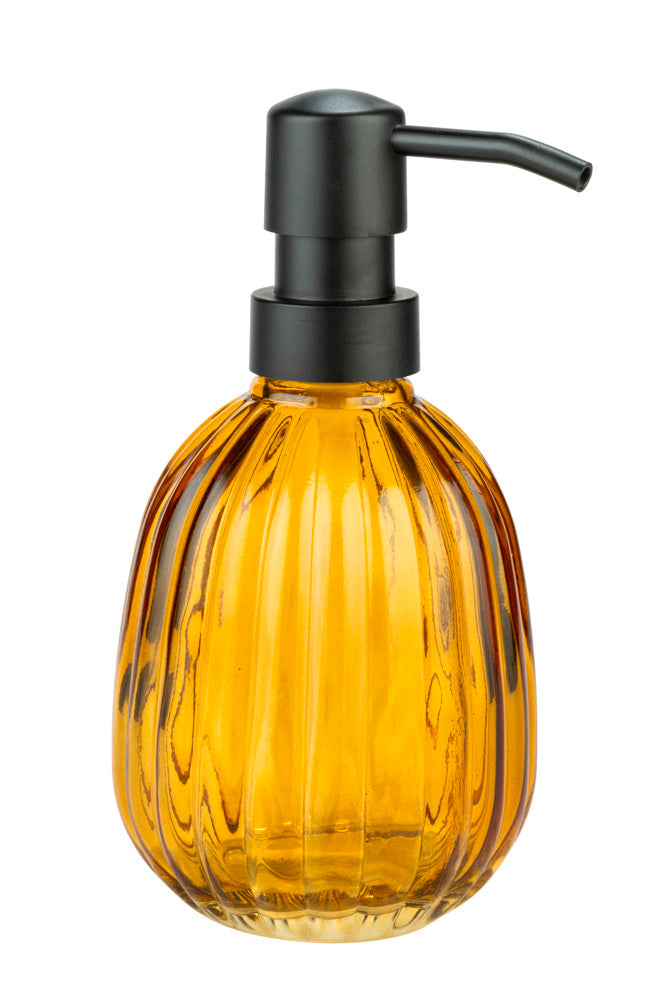 Bakside av Såpedispenser Pompei ravfarget glass med rillemønster