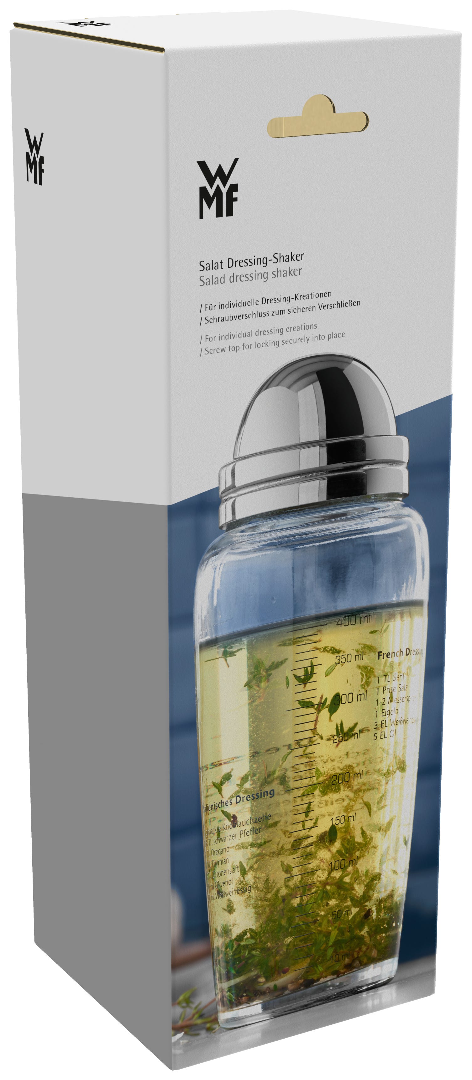 Salatdressing-shaker glass 400 ml med oppskrifter - WMF logo detalj