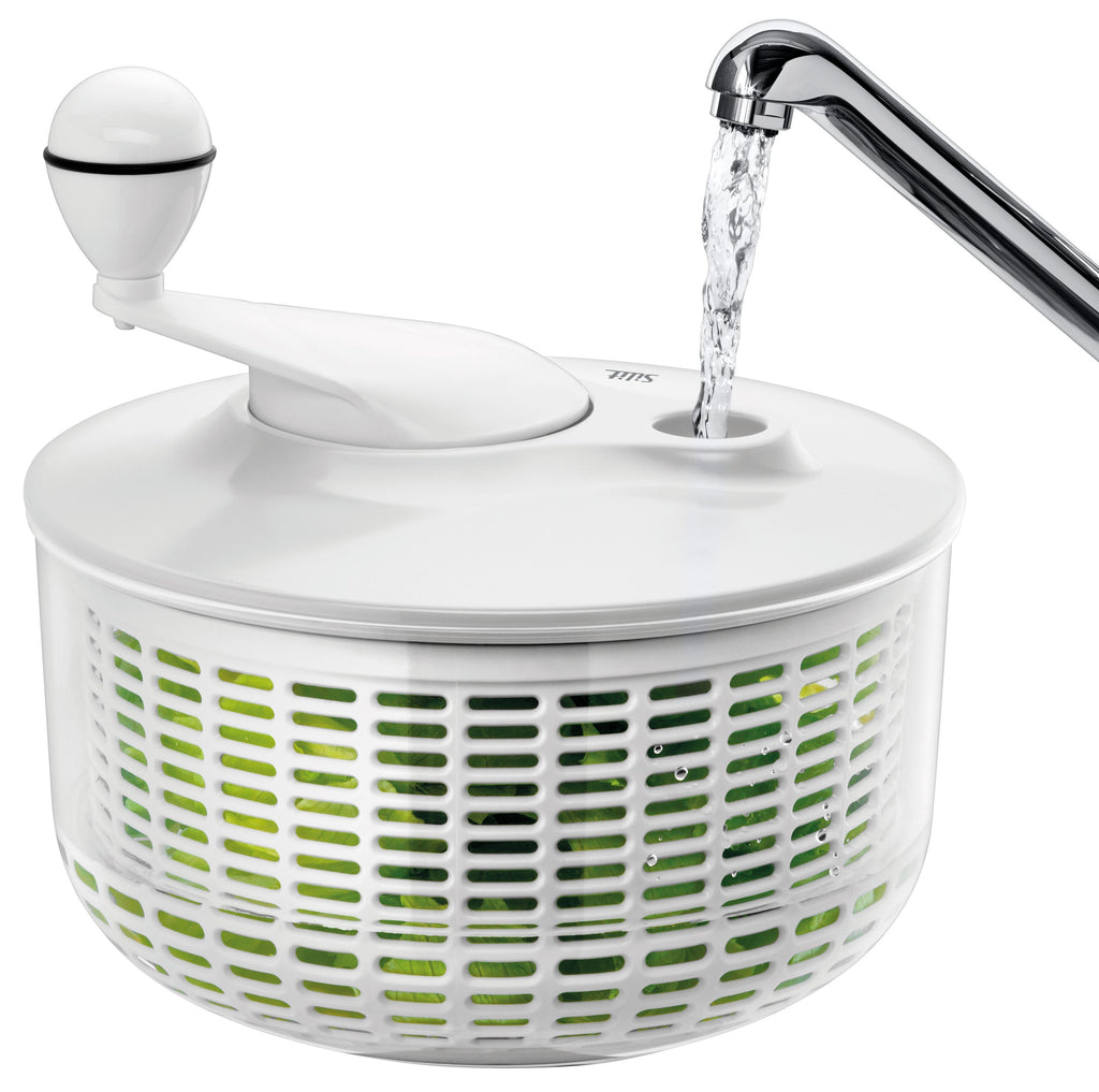 Salatslynge hvit med bunnavløp og sil - Silit lokk og sil nærbilde
