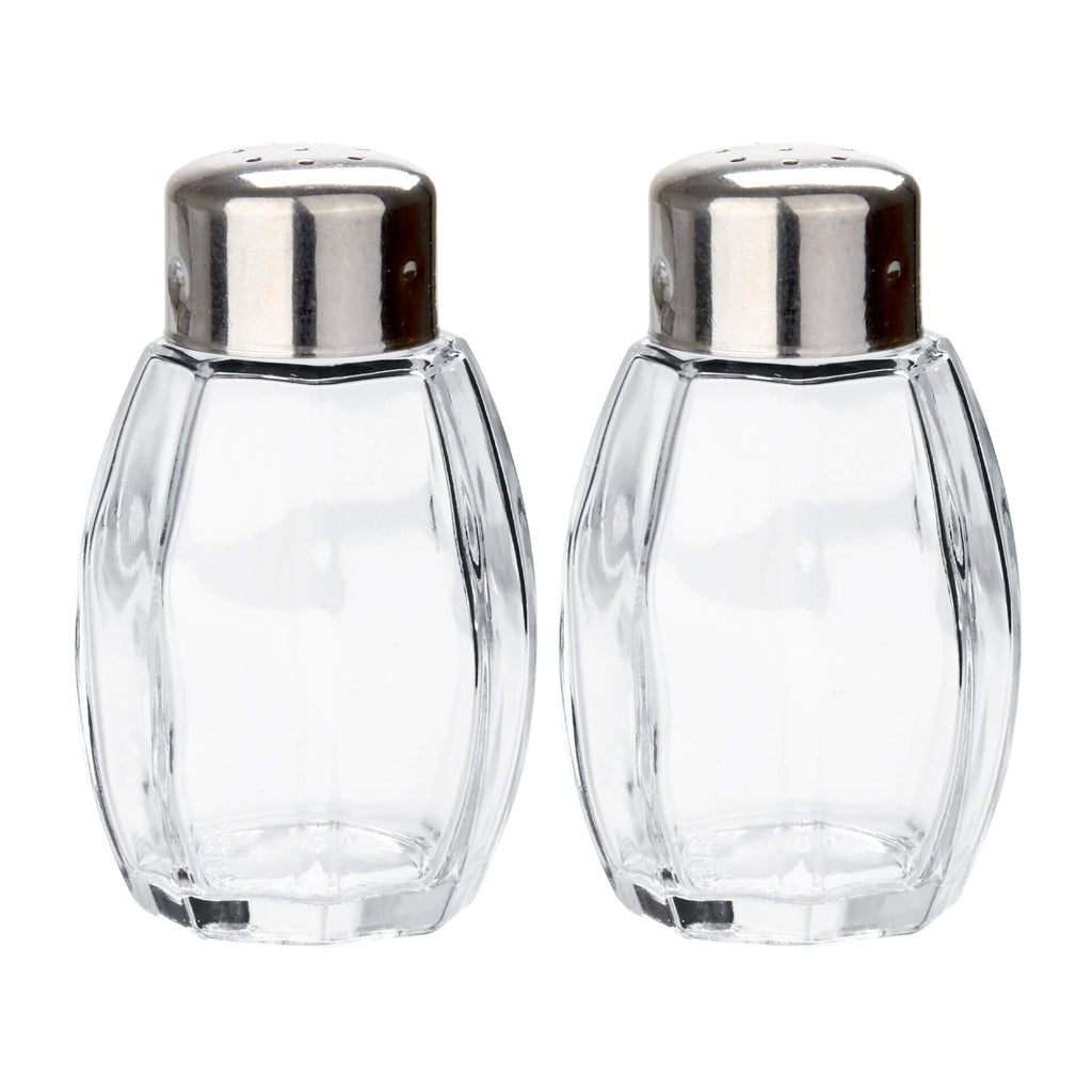 Salt- og pepperbøsse 2 stk glass med lokk i rustfritt stål forfra
