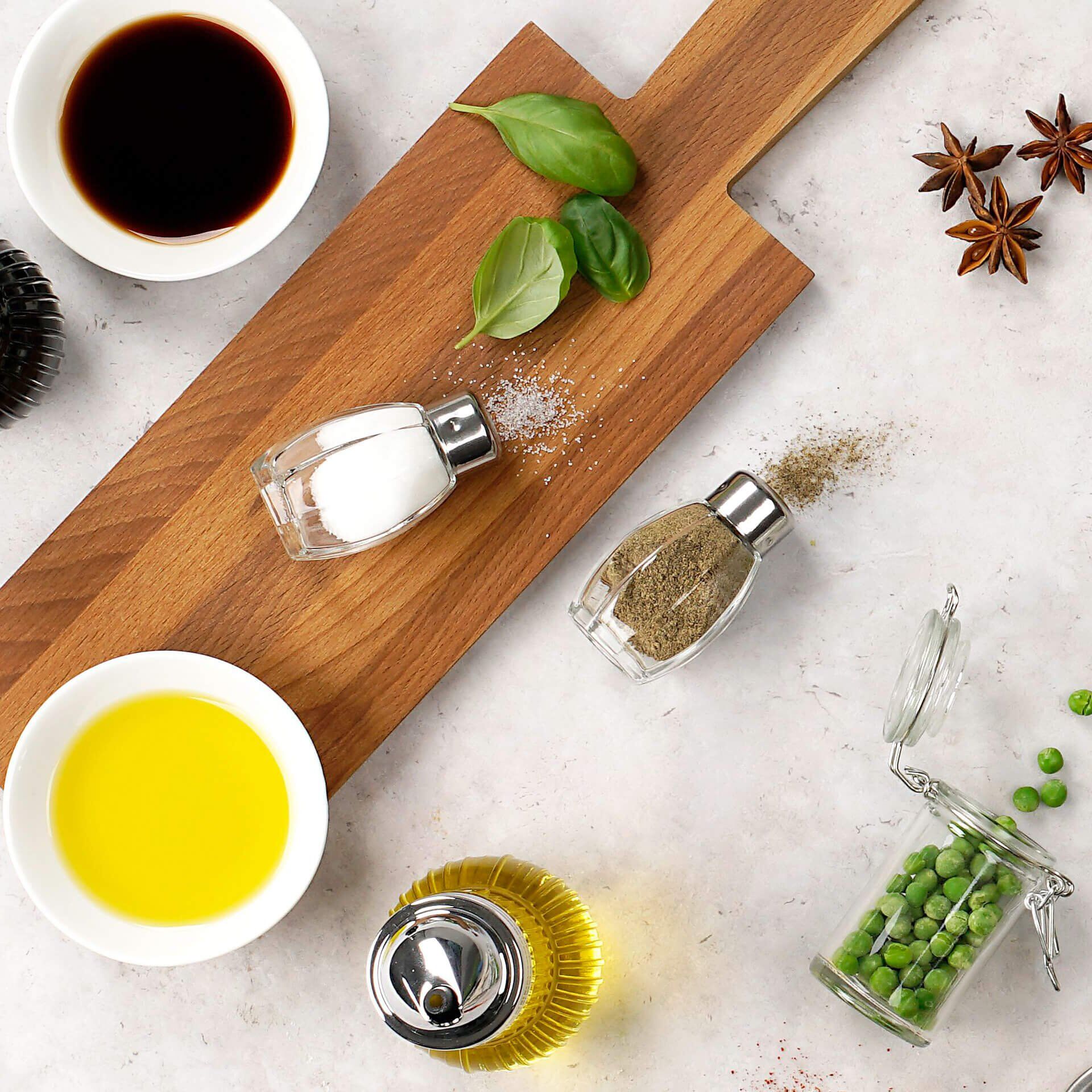 Salt- og pepperbøsse 2 stk glass med lokk i rustfritt stål detalj av lokk