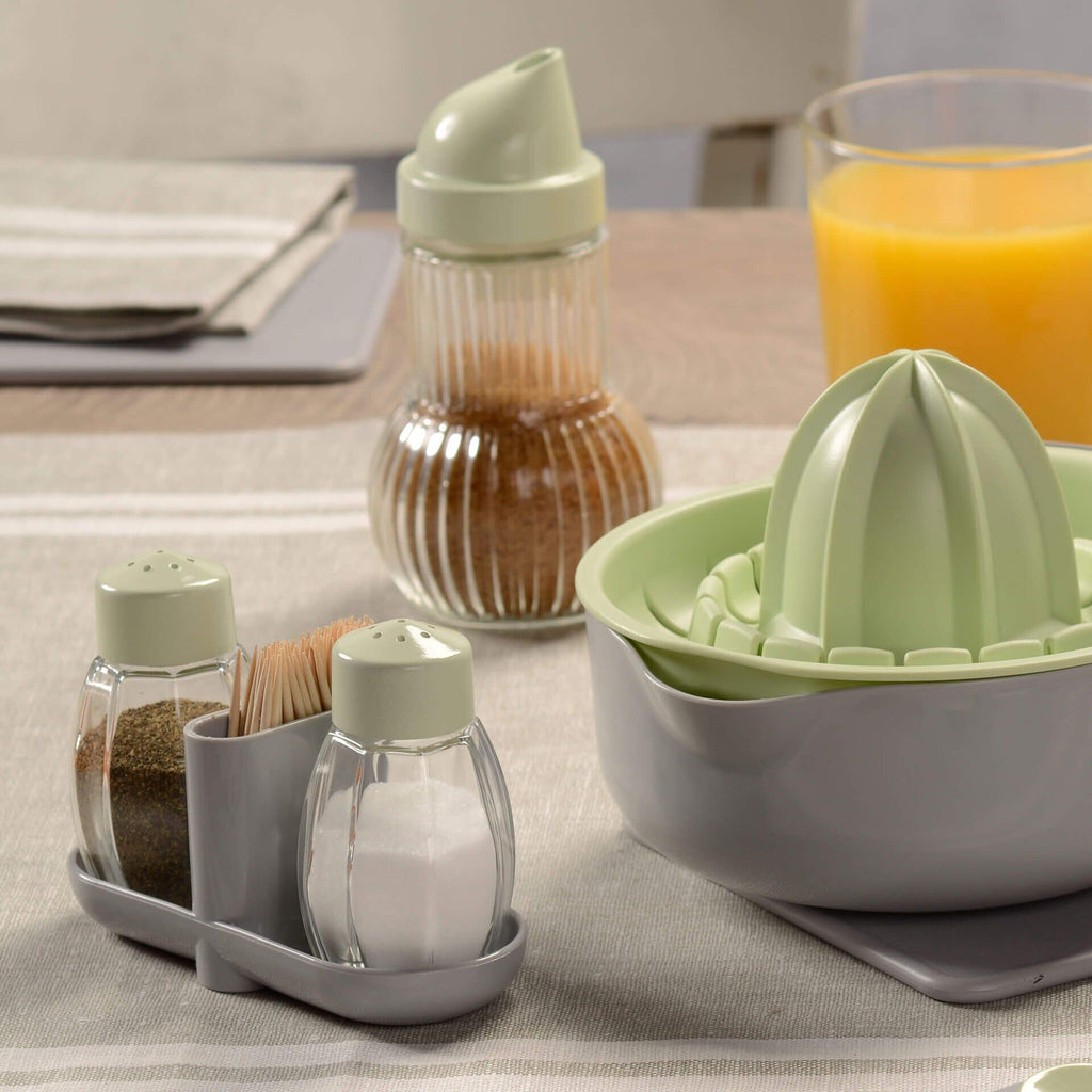 Montert Salt- og pepperbøsse med tannpirkeholder glass 3-delt Eco på bord