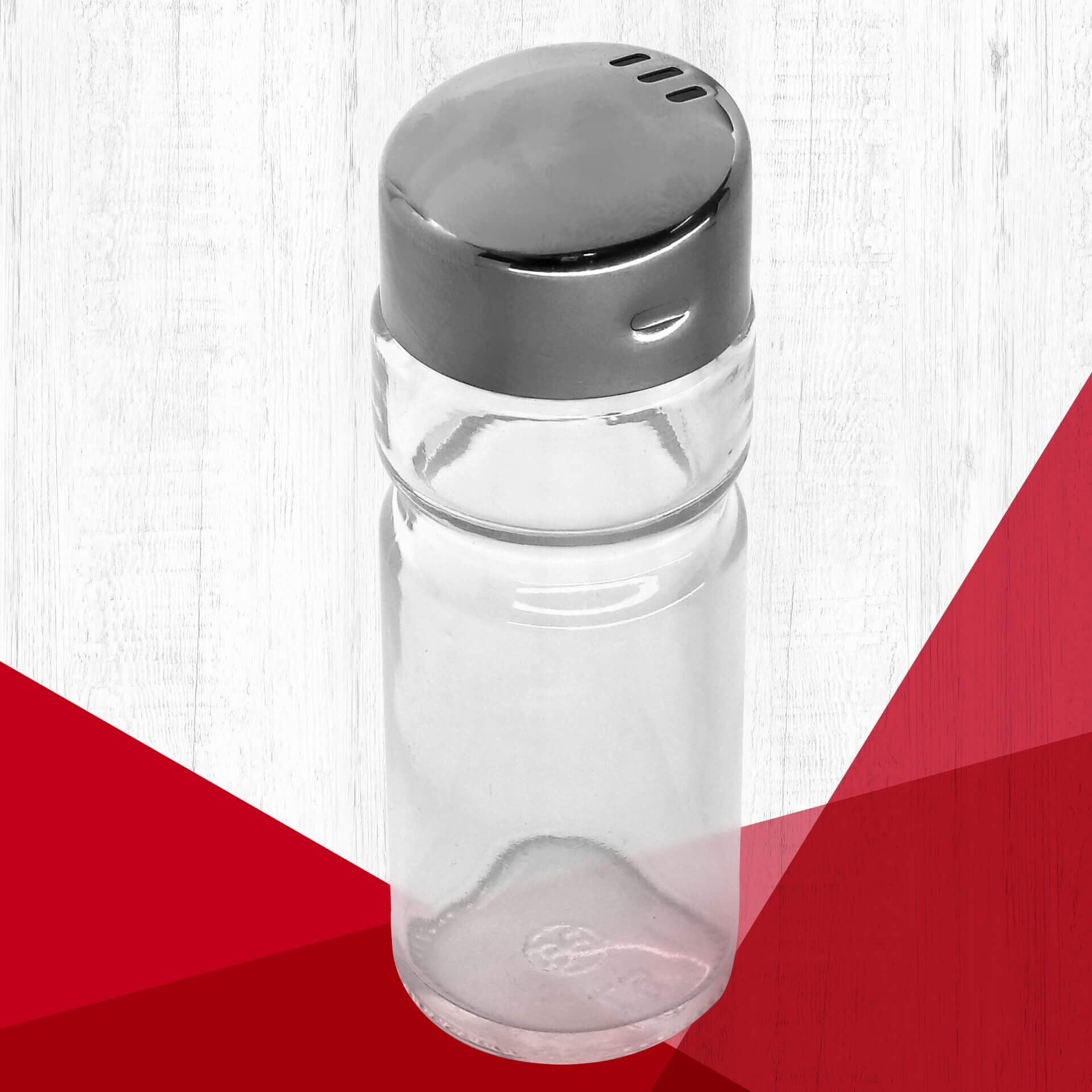 Salt- og pepperstrøer glass med lokk i rustfritt stål detalj av lokk
