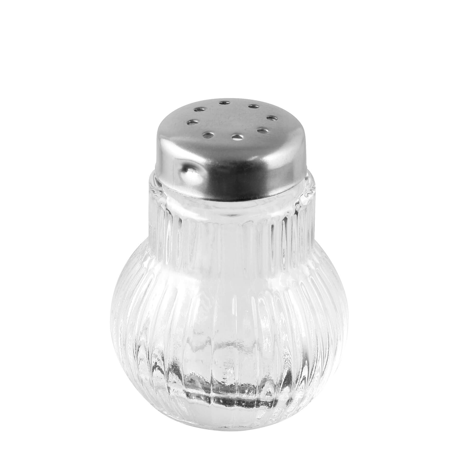 Salt-/pepperbøsse mini glass med rustfritt stål lokk forfra