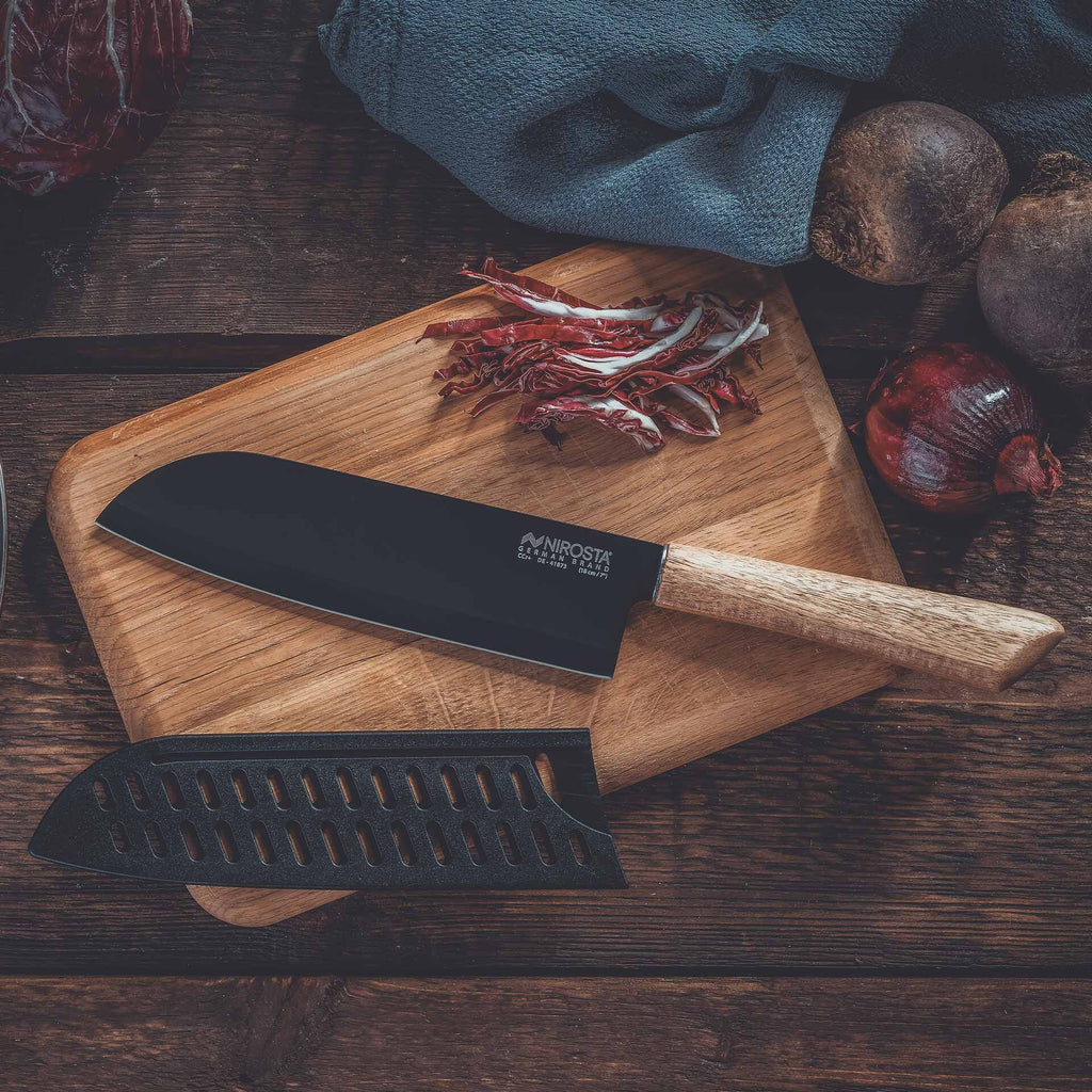 Santokukniv Flow 18 cm rustfritt stål med trehåndtak bakside