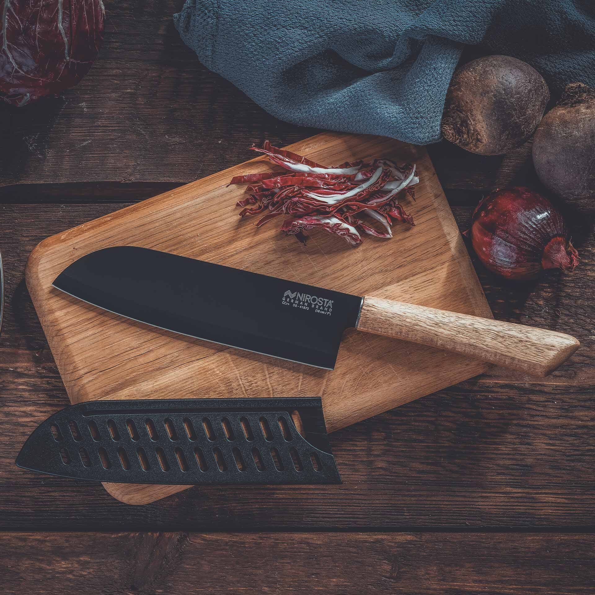 Santokukniv Flow 18 cm rustfritt stål med trehåndtak bakside