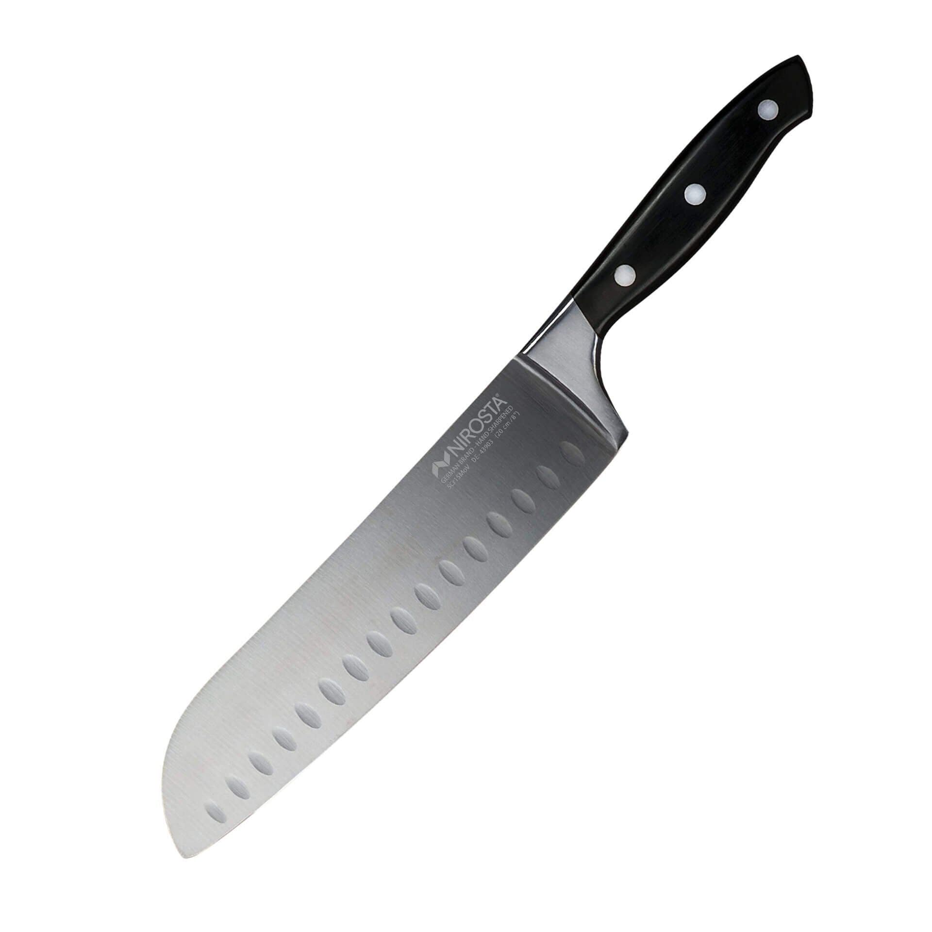 Santokukniv Trinity 20 cm rustfritt stål med kulleslip forfra
