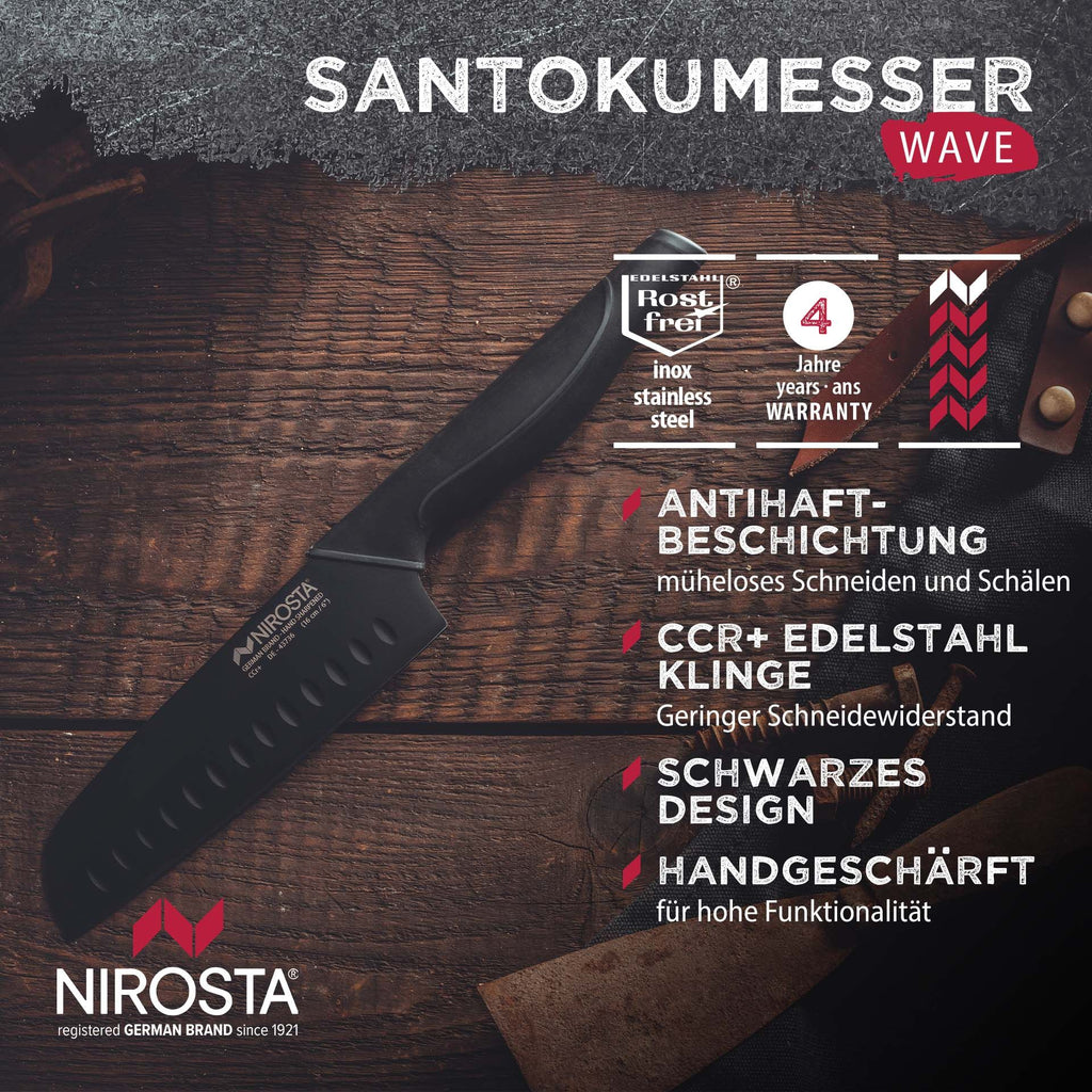 Nærbilde av non-stick belagt blad på Santokukniv Wave 16 cm rustfritt stål - Nirosta