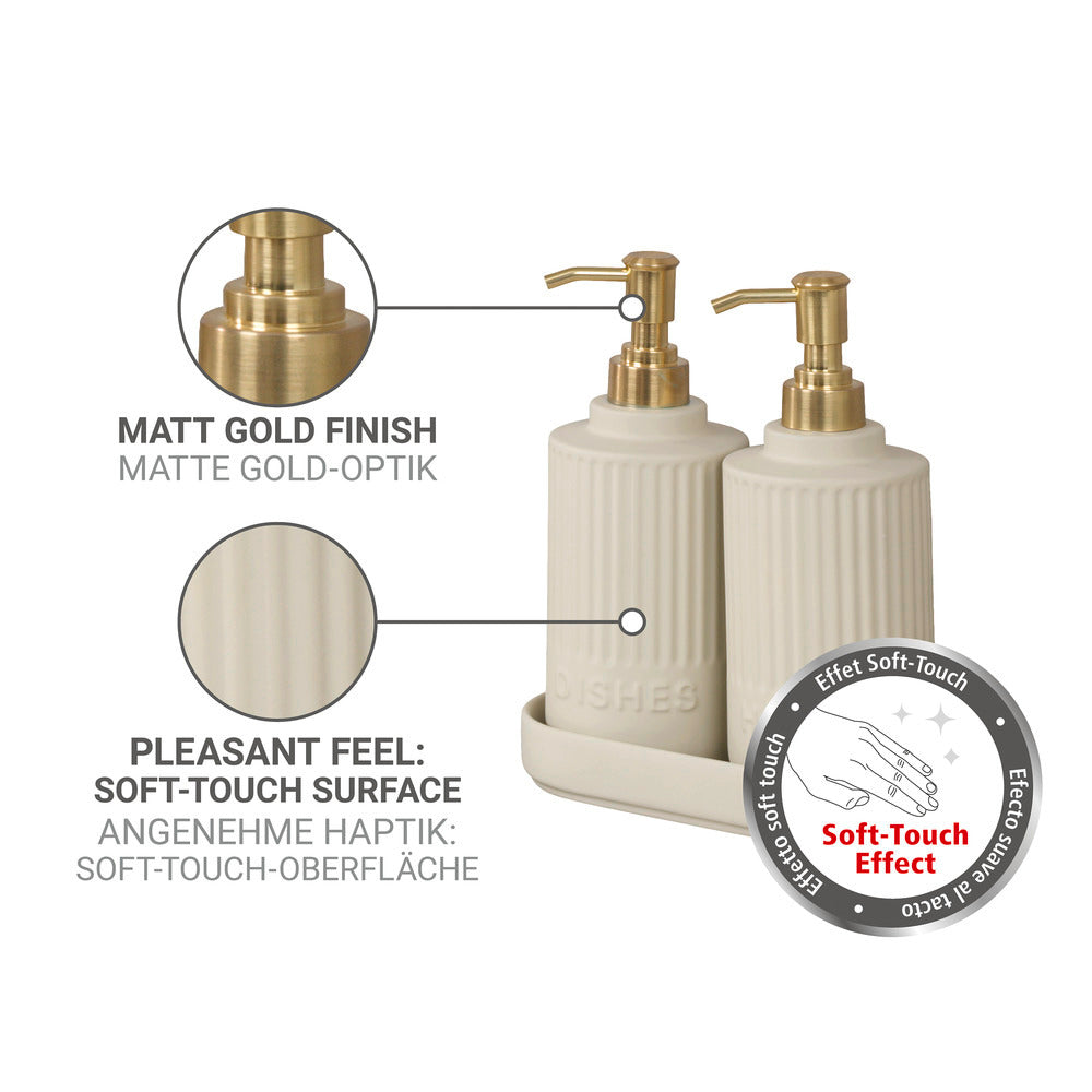 Nærbilde av keramikkmaterialet på såpe- og oppvaskmiddeldispenser sett keramikk beige med brett