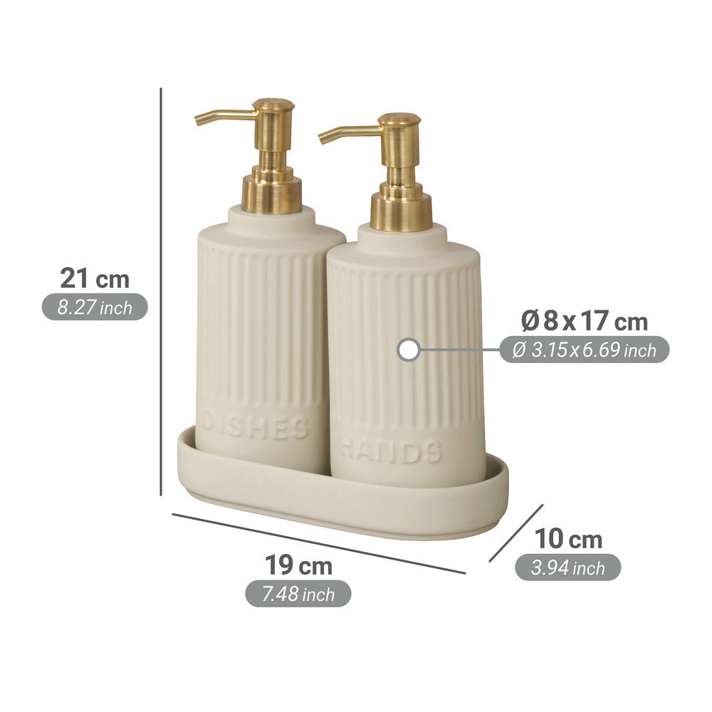Detalj av beige farge på såpe- og oppvaskmiddeldispenser sett keramikk beige med brett
