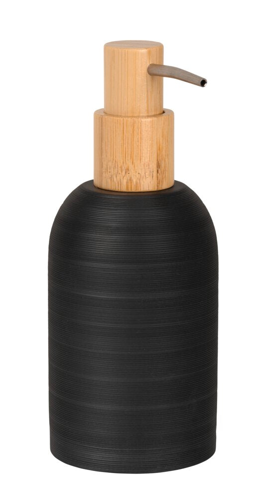 Nærbilde av bambusdetalj på Såpedispenser Altavalle svart polyresin og bambus