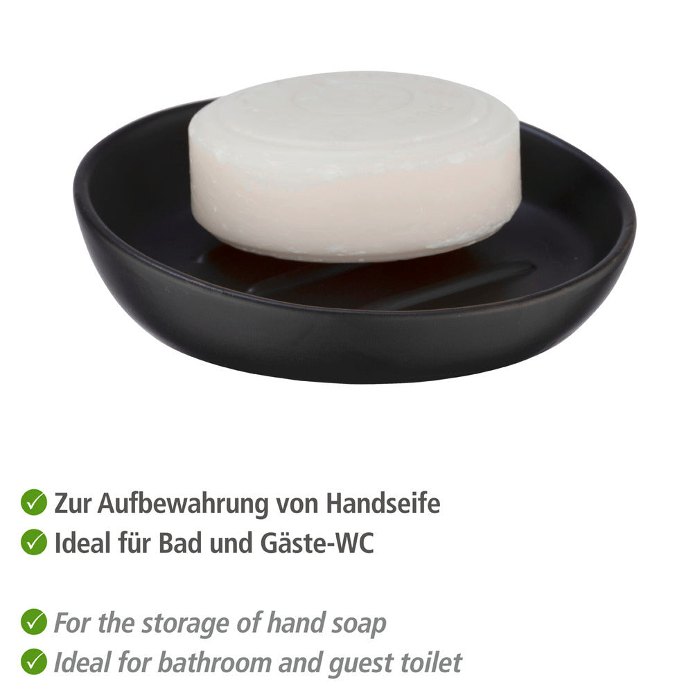 Detalj av matt overflate på Såpeskål Badi svart keramikk