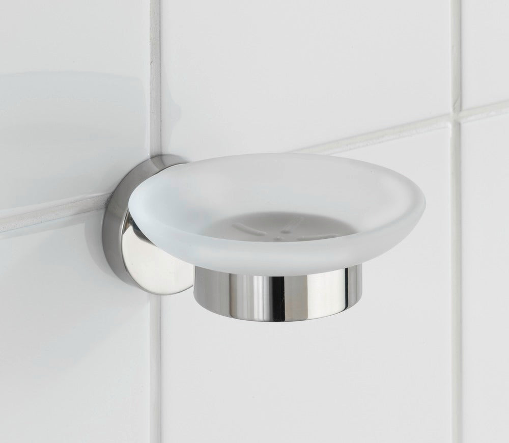 Detalj av glasskålen på Såpeskål Bosio rustfritt stål med glasskål
