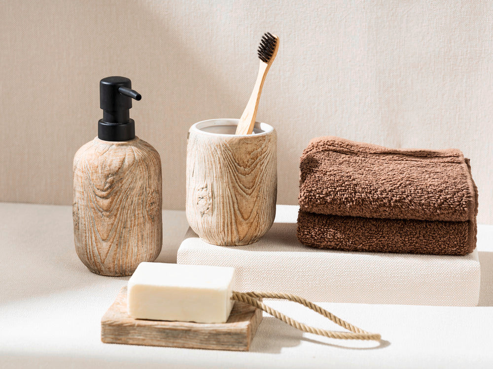 Utsikt av Såpeskål Florio keramikk i treoptikk beige fra siden