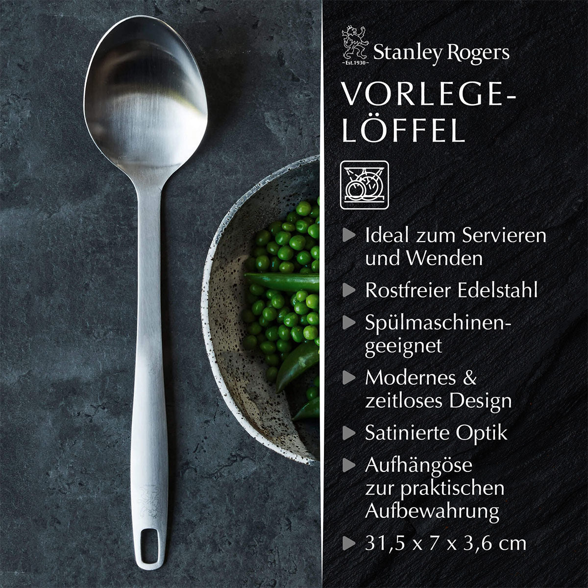 Nærbilde av ergonomisk grep på Serveringsskje 31,5 cm rustfritt stål satinfinish